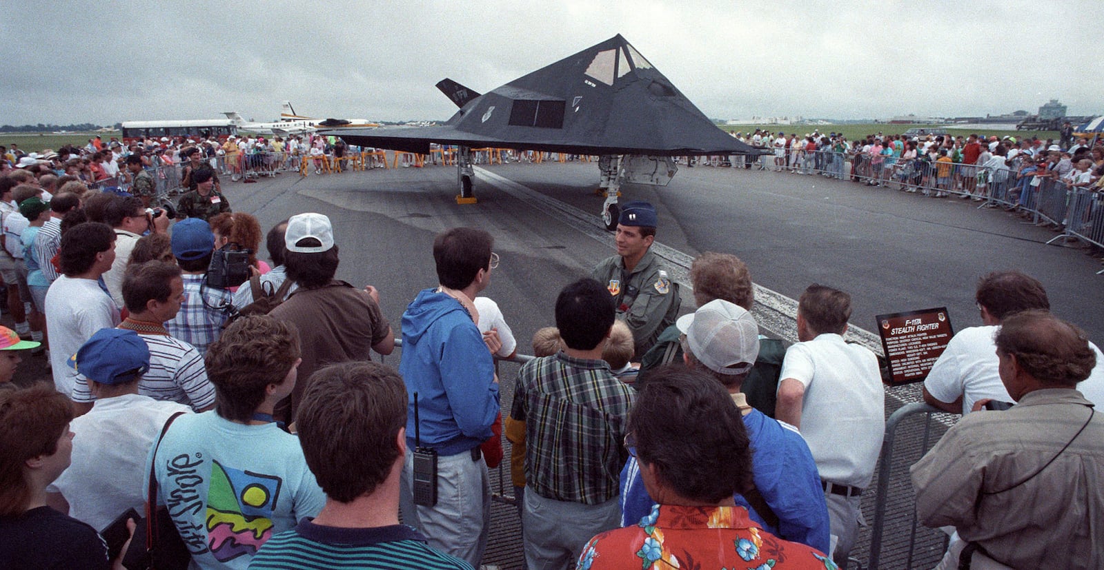 The  F-117A Nighthawk stealth fighter is surrounded for its Dayton public debut.