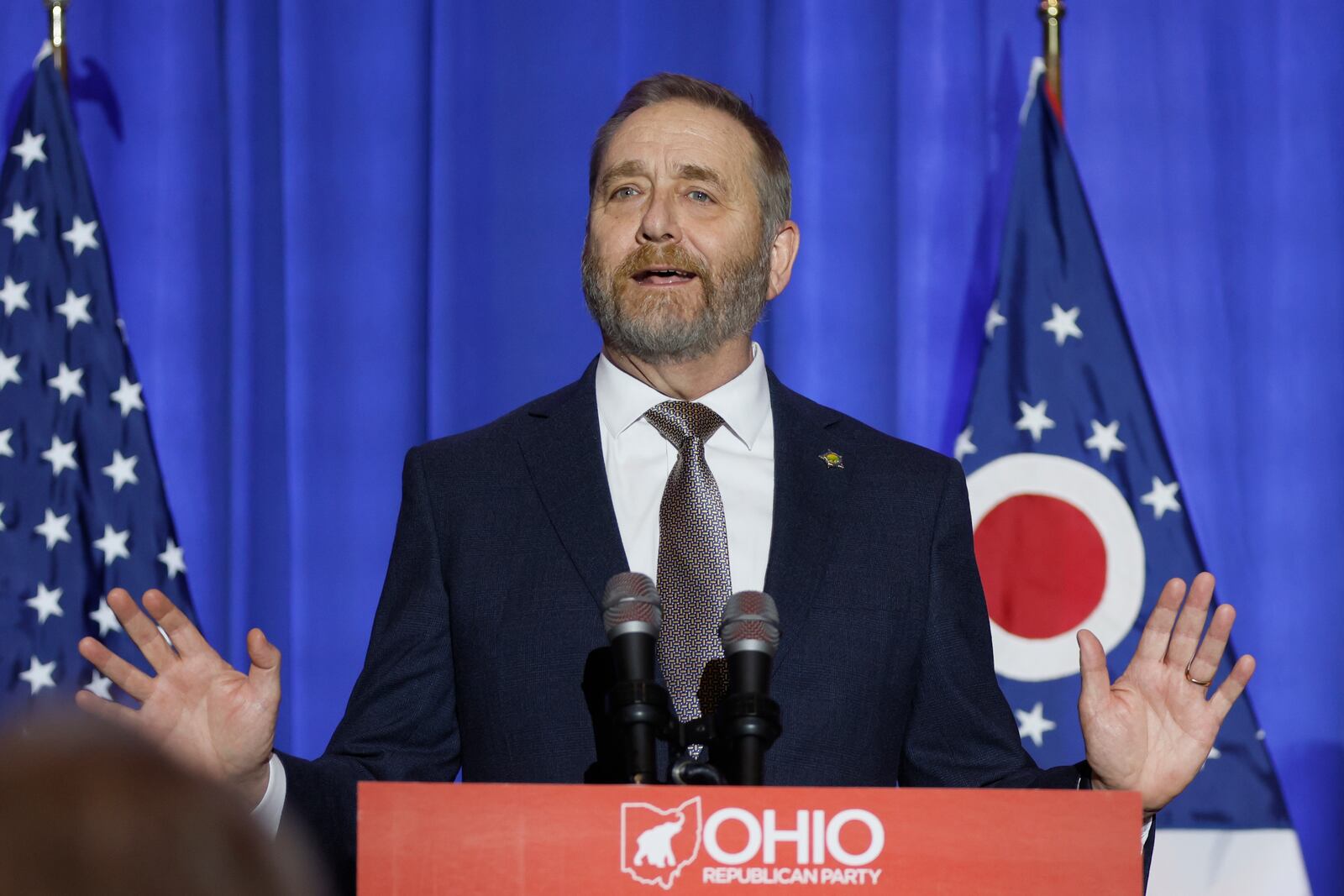 FILE - Republican Ohio Attorney General Dave Yost speaks during an election night watch party on Nov. 8, 2022, in Columbus, Ohio. In an interview with the Associated Press Wednesday, Dec. 14, Yost says he laments suffering he caused by suggesting in a nationally-televised interview that a 10-year-old rape victim from Ohio who had sought an abortion in Indiana might have been a fabrication. (AP Photo/Jay LaPrete, File)