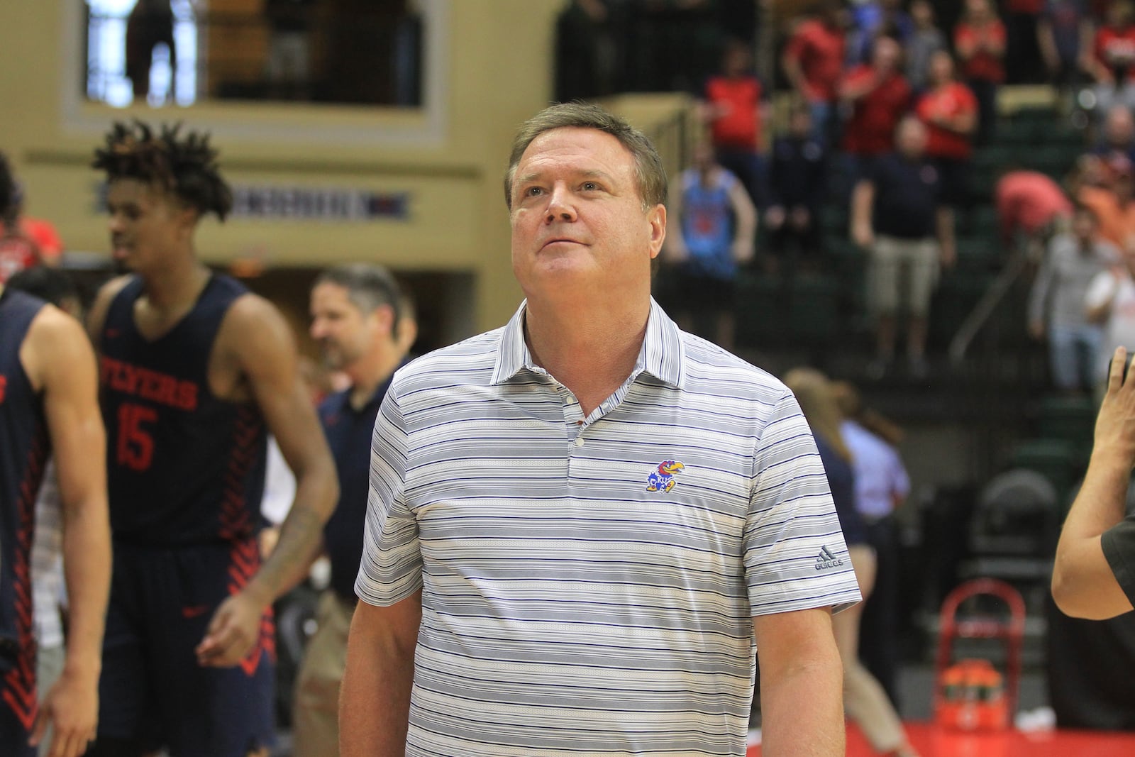 Kansas coach Bill Self leaves the court after a loss to Dayton in the final seconds in the semifinals of the ESPN Events Invitational on Friday, Nov. 26, 2021, at the HP Fieldhouse in Kissimmee, Fla. David Jablonski/Staff