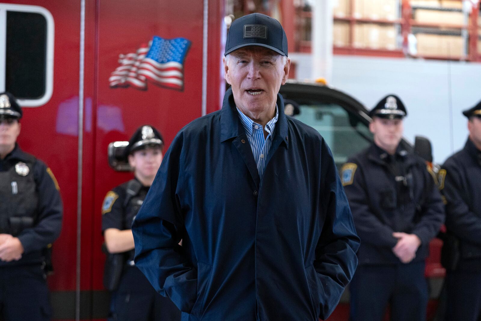 President Joe Biden talks to the media during a visit to Nantucket fire department on Thanksgiving day in Nantucket Mass., Thursday, Nov. 28, 2024. (AP Photo/Jose Luis Magana)