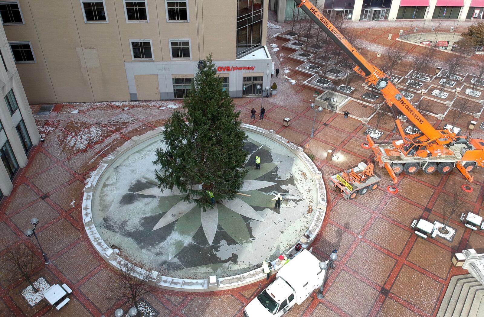 The tree selected for the Grande Illumination tree-lighting ceremony during the 47th annual Dayton Holiday Festival arrived on Courthouse Square Wednesday, just in time to be decorated and ready for festivities on Friday, Nov. 29. CHUCK HAMLIN / STAFF