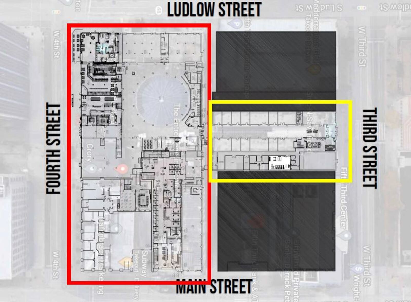 A site map showing the first phase (in red) and second phase (in yellow) of the rehab of the Dayton Arcade. CONTRIBUTED