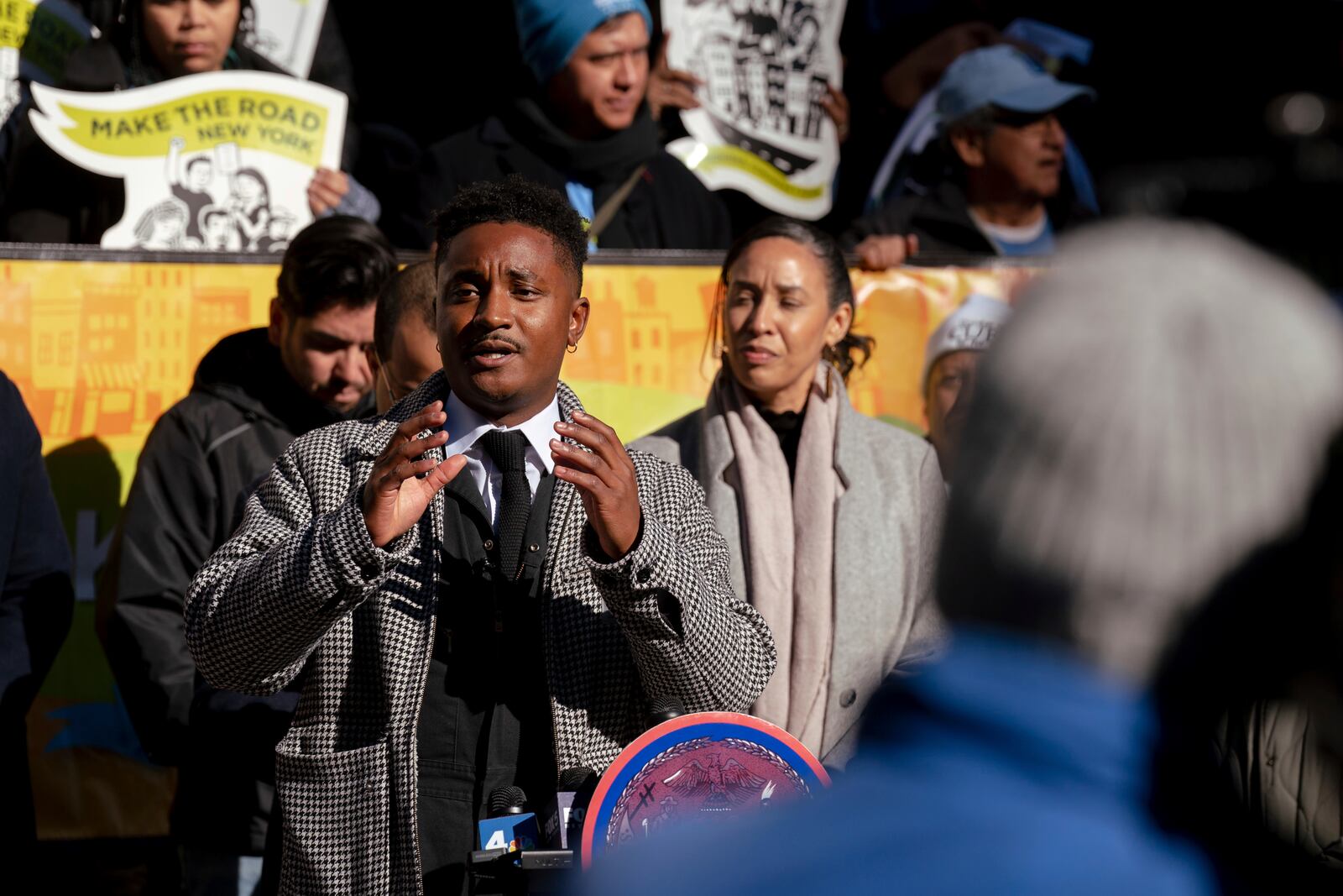 Councilmember Chi Ossé, D-Brooklyn, addresses a rally outside of City Hall in support of the FARE Act ahead of a City Council meeting, Wednesday, Nov. 13, 2024, in New York. (AP Photo/Adam Gray)