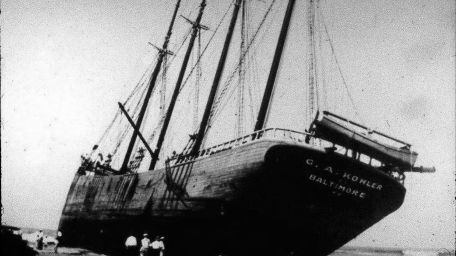 The G.A Kohler, a four-masted schooner built in Baltimore in 1919, was driven ashore by a hurricane off the coast of Cape Hatteras in 1933. (Photo: National Park Service)