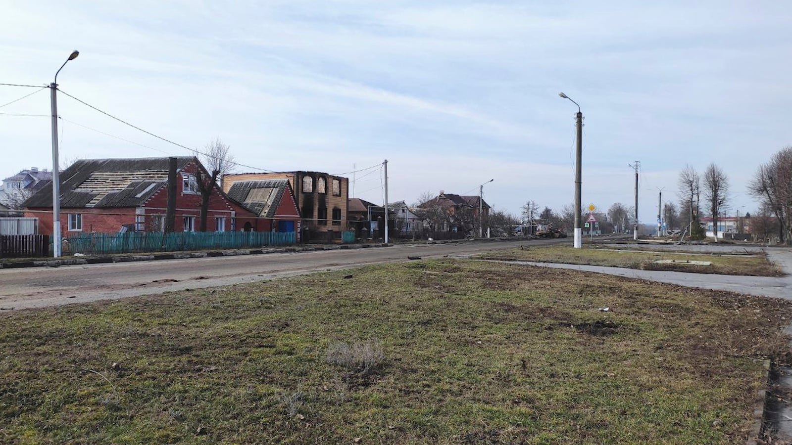 In this photo taken from video distributed by Russian Defense Ministry Press Service on Thursday, March 13, 2025, a view of a street of Sudzha, the biggest town in the Kursk region of Russia after it was taken over by Russian troops. (Russian Defense Ministry Press Service via AP)