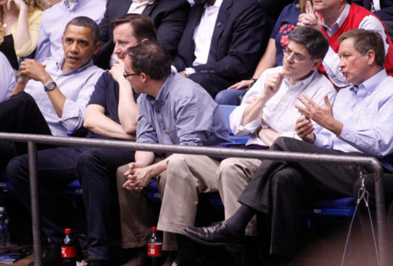 President Barack Obama attended the NCAA First Four basketball game between Mississippi Valley State and Western Kentucky with British Prime Minister David Cameron and Ohio Governor John Kasich at University of Dayton Arena on Tuesday, May 13, 2012.