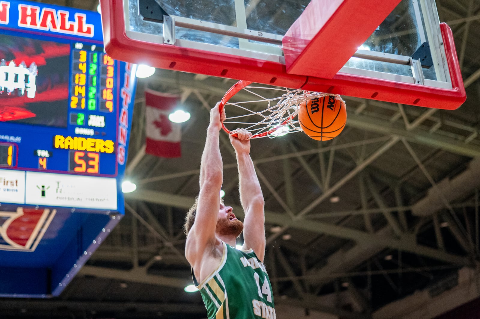 Wright State's Brandon Noel dunks at Detroit Mercy earlier this season. Wright State Athletics photo