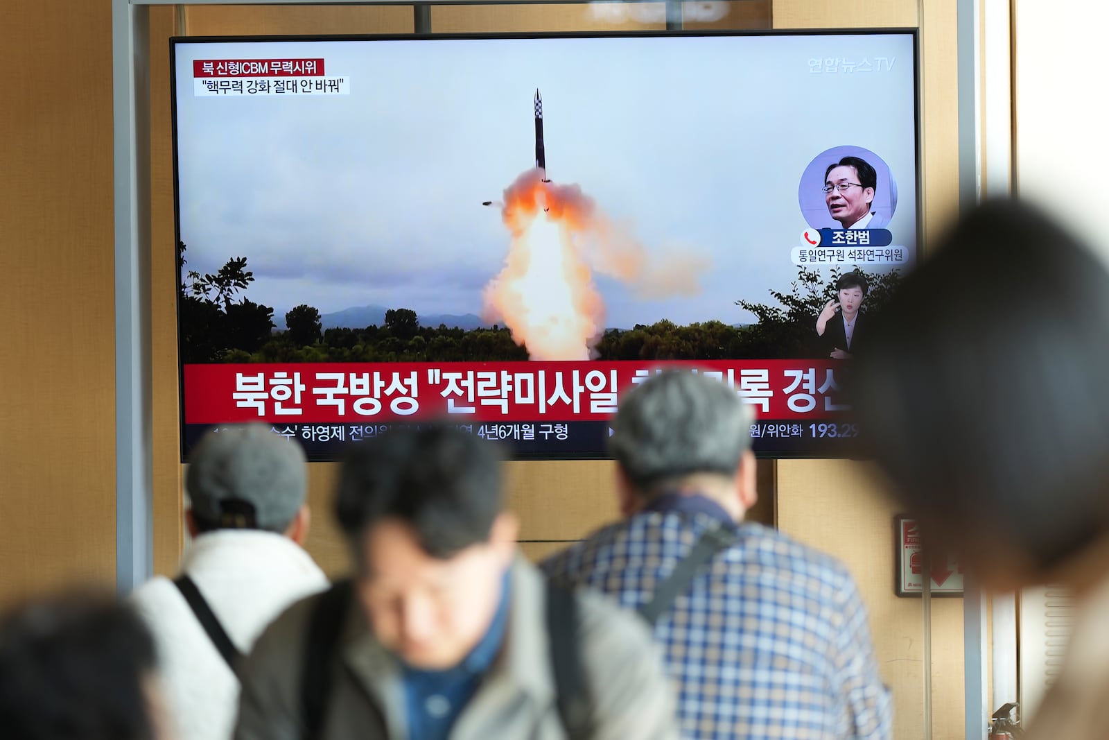 A TV screen shows an image of North Korea's an intercontinental ballistic missile launch during a news program at the Seoul Railway Station in Seoul, South Korea, Thursday, Oct. 31, 2024. (AP Photo/Lee Jin-man)