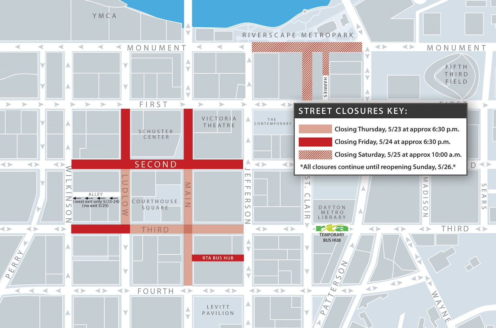 The city of Dayton will begin closing some downtown Dayton streets beginning Thursday and through Sunday due to security preparations for a Saturday rally planned by a KKK group. 