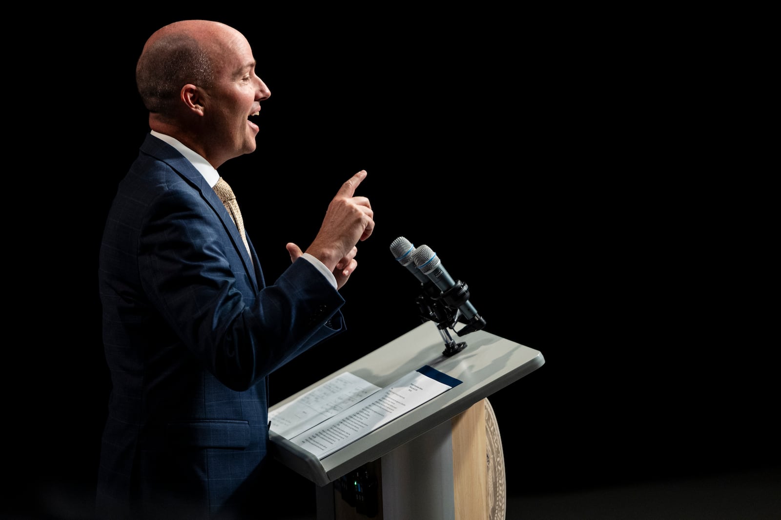 Utah Gov. Spencer Cox speaks at his monthly news conference held at the Eccles Broadcast Center in Salt Lake City, Thursday, Sept. 19, 2024. (Isaac Hale/The Deseret News via AP, Pool)