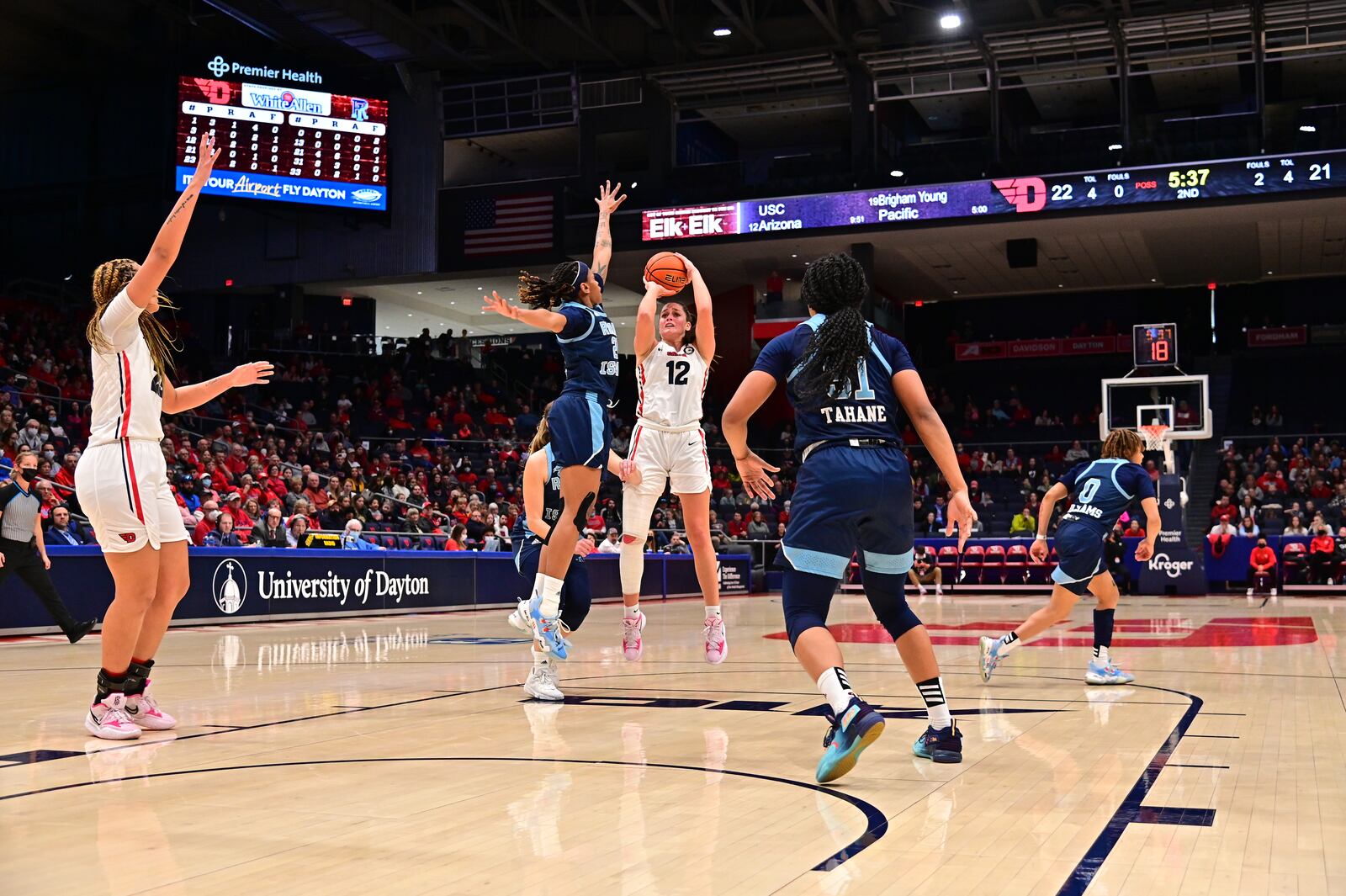 Dayton's Jenna Giacone puts up a shot against Rhode Island during Saturday's game at UD Arena. Erik Schelkun/University of Dayton Athletics