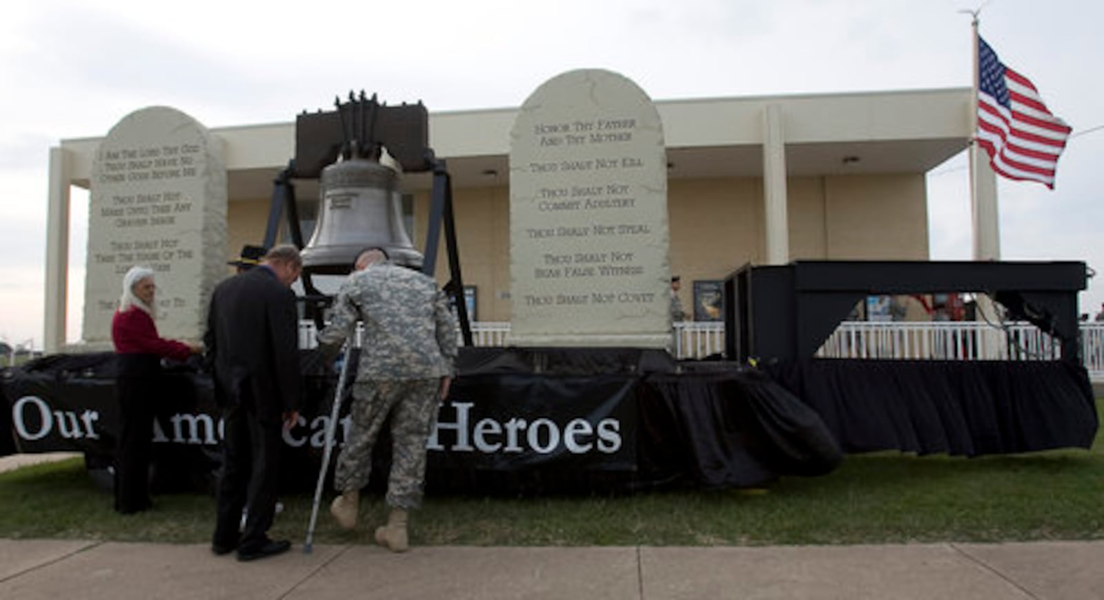 This parade float with tablets with the 10 Commandments and a replica of the Liberty Bell was parked in front of the Palmer Theater at Fort Hood Thursday where a memorial service was being held for four of the soldiers who were killed in the massacre on post last week.