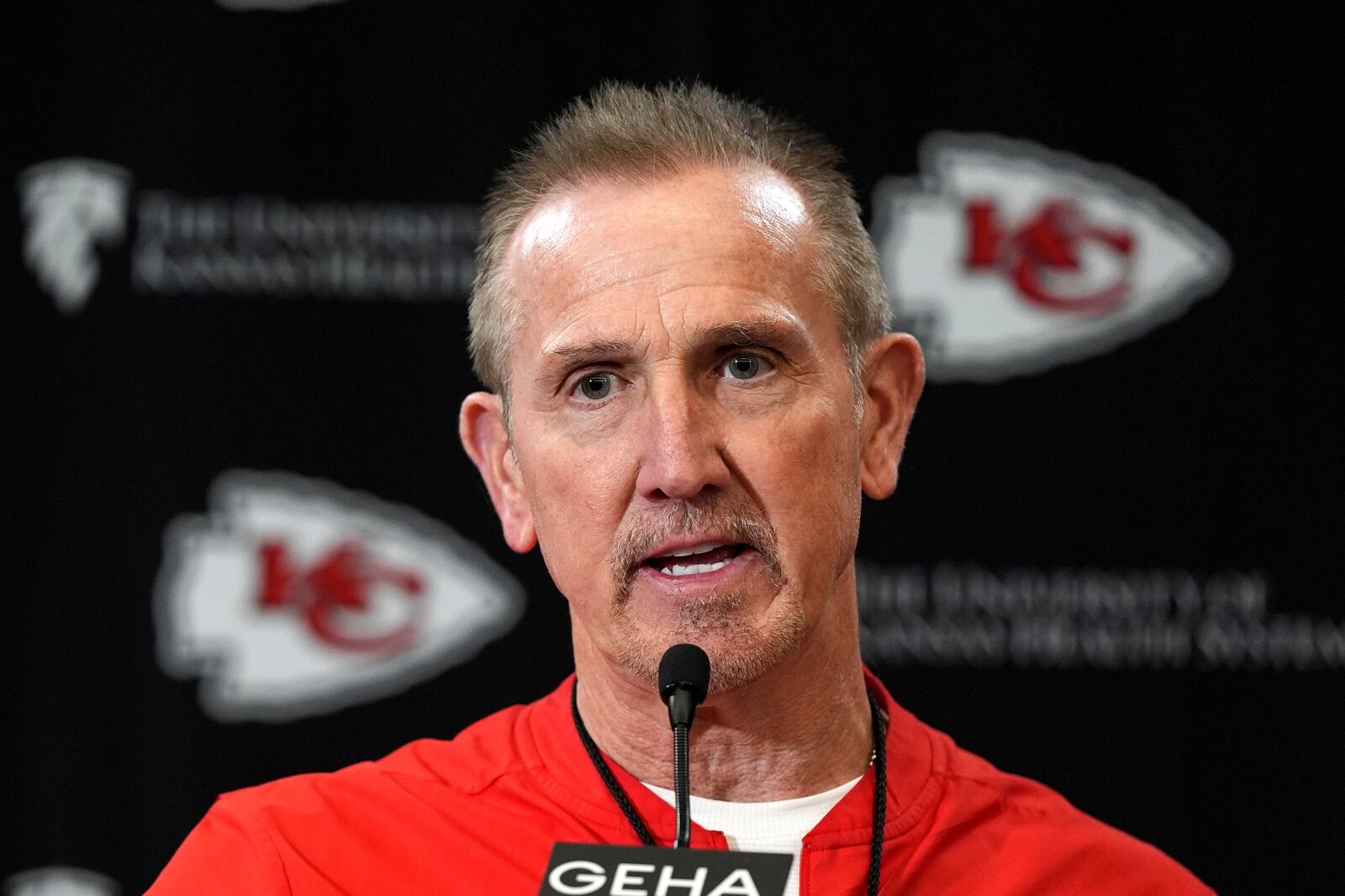 Kansas City Chiefs defensive coordinator Steve Spagnuolo addresses the media before the team's NFL football practice Thursday, Jan. 23, 2025, in Kansas City, Mo. (AP Photo/Charlie Riedel)