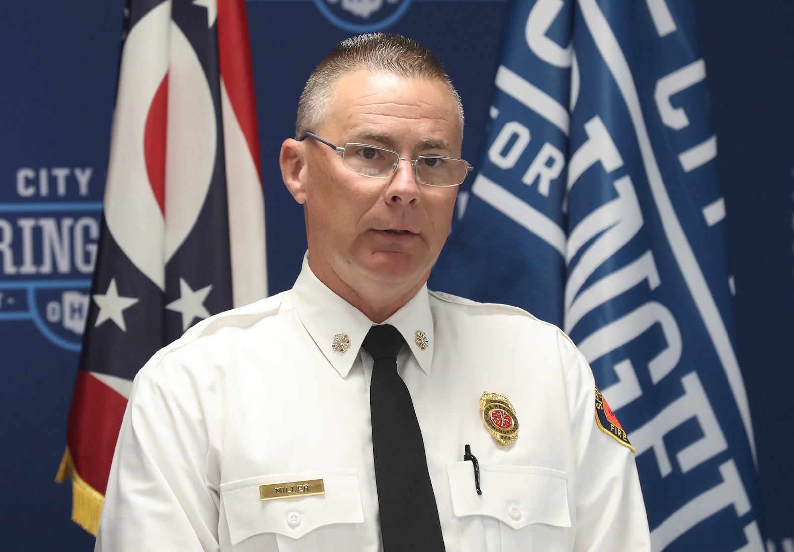 Springfield Fire Chief Brian Miller gives an update Monday, Sept. 26, 2022 on the condition of the fire fighters injured Sunday in a residential fire on Rice Street. BILL LACKEY/STAFF