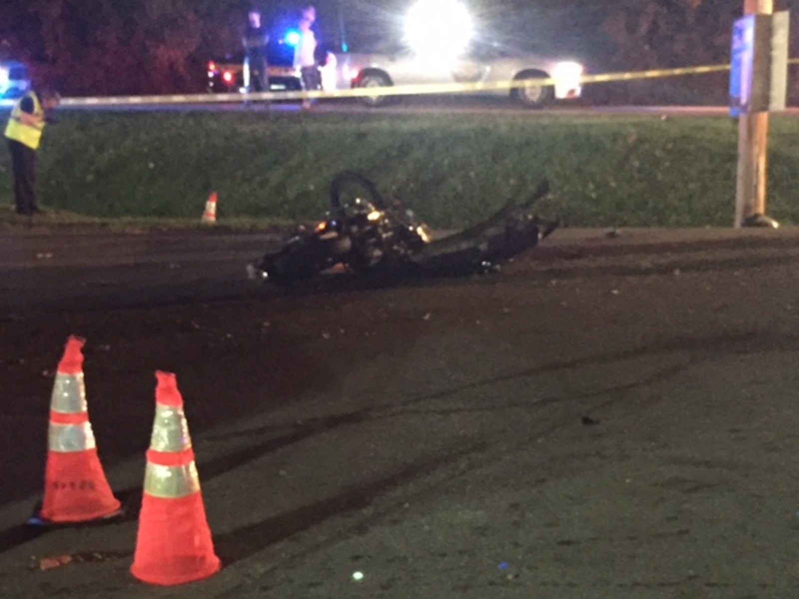 A crashed motorcycle at the scene of a fatal crash on U.S. 42 and Spring Valley Paintersville Road in Spring Valley Sunday night. DeAngelo Byrd/Staff