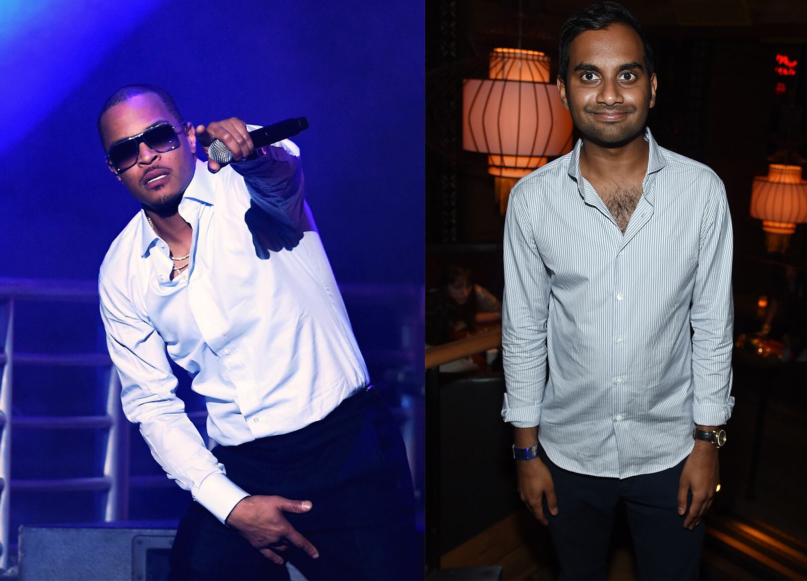 TI photo by Prince Williams/Wireimage. Aziz Ansari photo by Jamie McCarthy/Getty Images