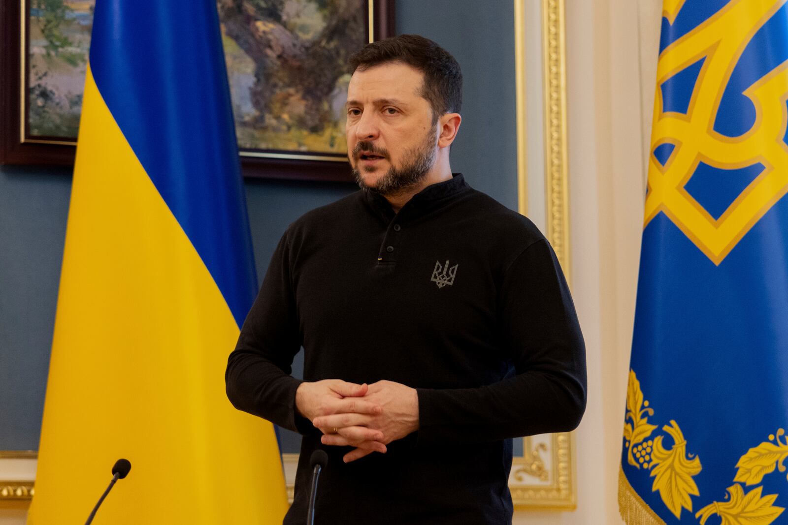 Ukraine's President Volodymyr Zelenskyy gives a press conference in Kyiv, Wednesday, Feb. 19, 2025. (Tetiana Dzhafarova/Pool Photo via AP)