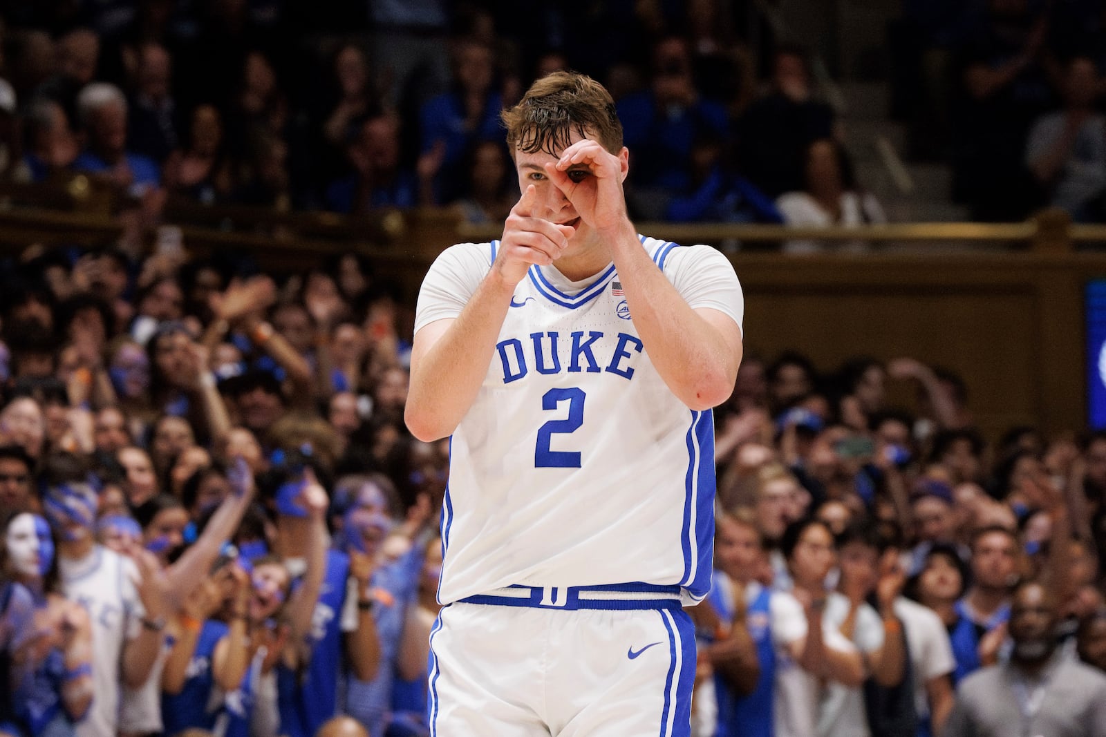 Duke's Cooper Flagg (2) reacts after a play during the second half of an NCAA college basketball game against Wake Forest in Durham, N.C., Monday, March 3, 2025. (AP Photo/Ben McKeown)