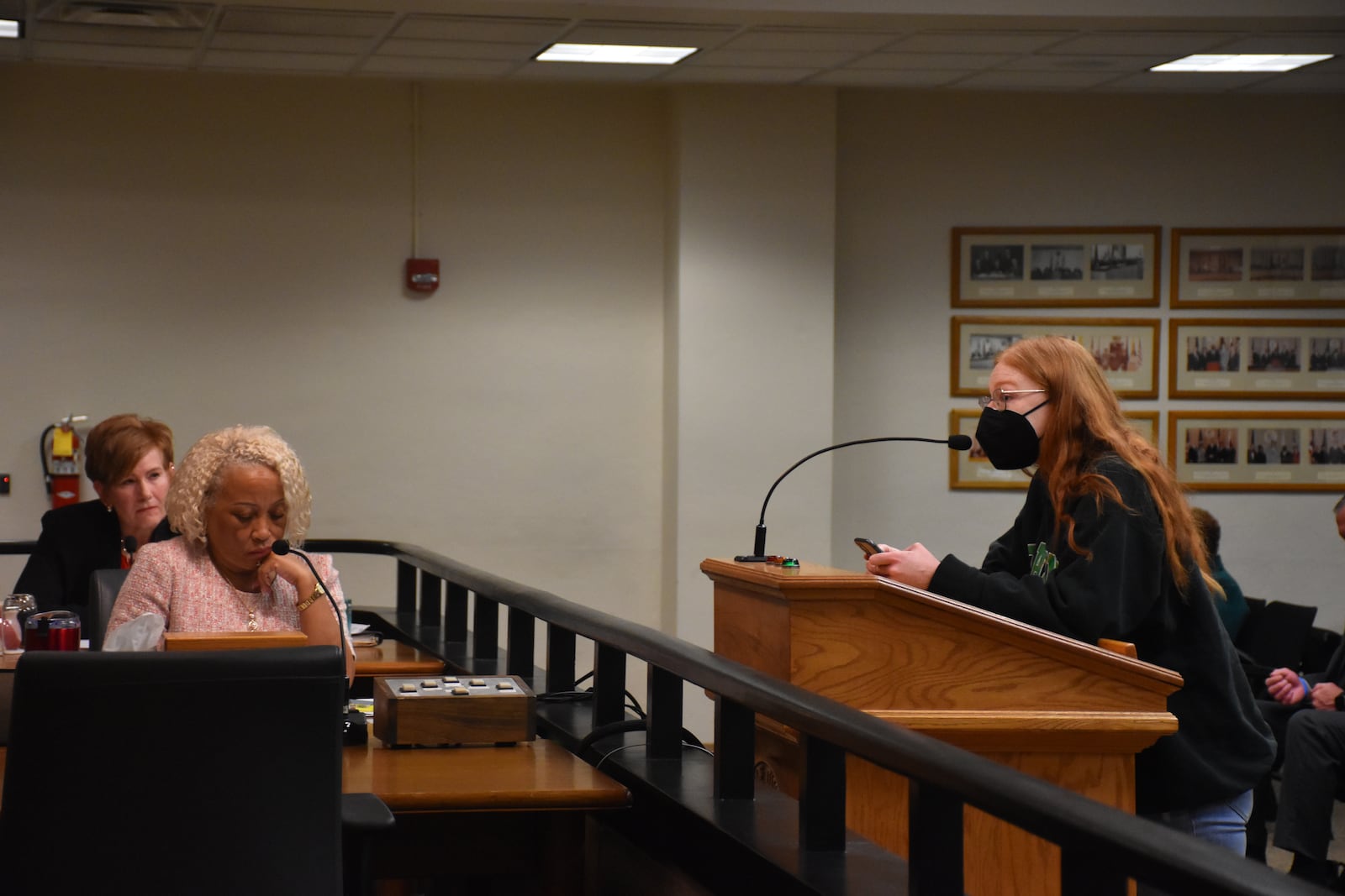 Red Goodwin, an East Dayton resident, spoke at a Dayton City Commission meeting on Wednesday, April 10, 2024, to criticize police and a city ordinance that prohibits people from distributing food and other items downtown without a permit. CORNELIUS FROLIK / STAFF