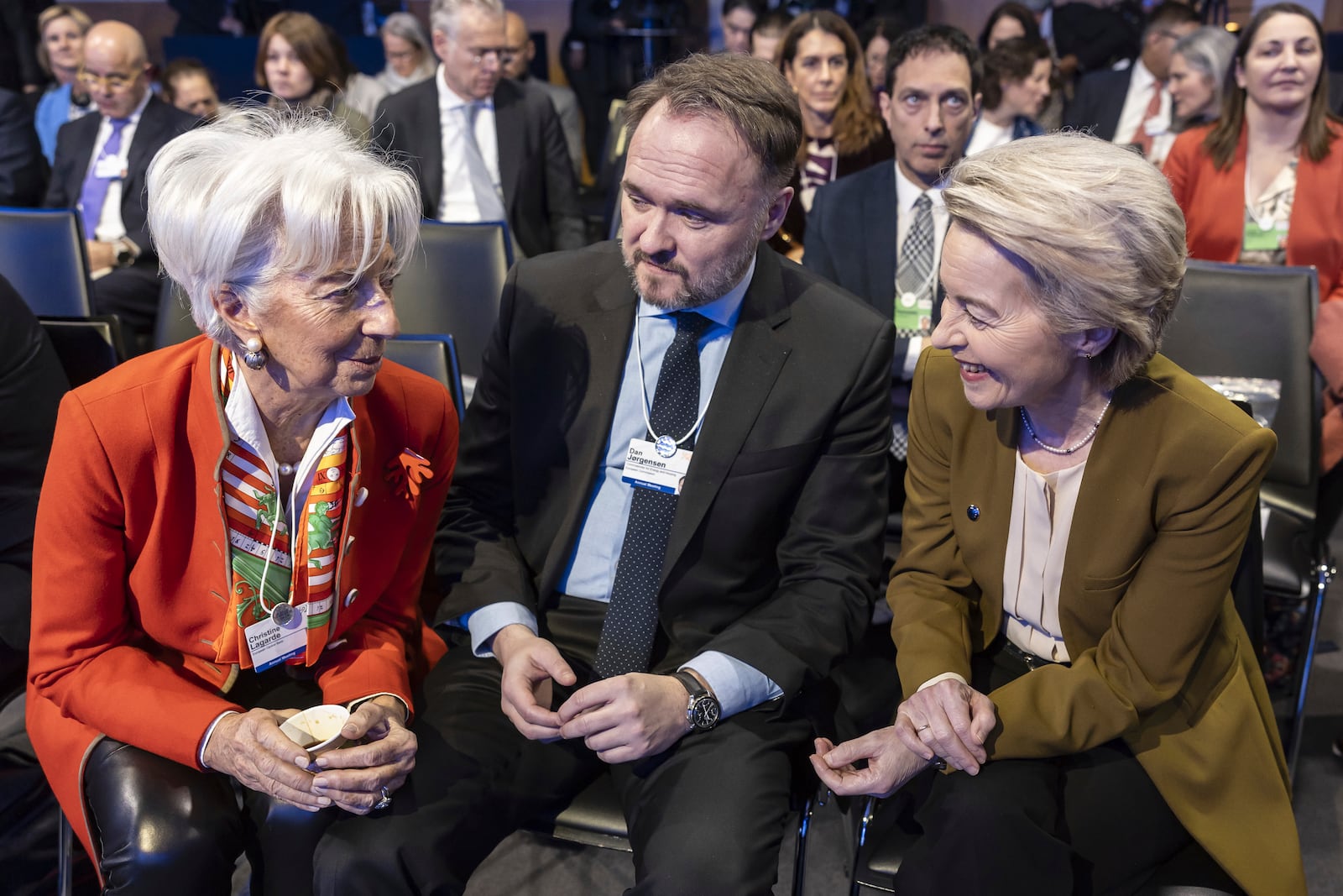 From left, President of the European Central Bank Christine Lagarde, European Commissioner for Energy and Housing Dan Jorgensen, and President of the European Commission Ursula von der Leyen speak as they attend the 55th annual meeting of the World Economic Forum (WEF), in Davos, Switzerland, Thursday, Jan. 23, 2025. (Michael Buholzer/Keystone via AP)