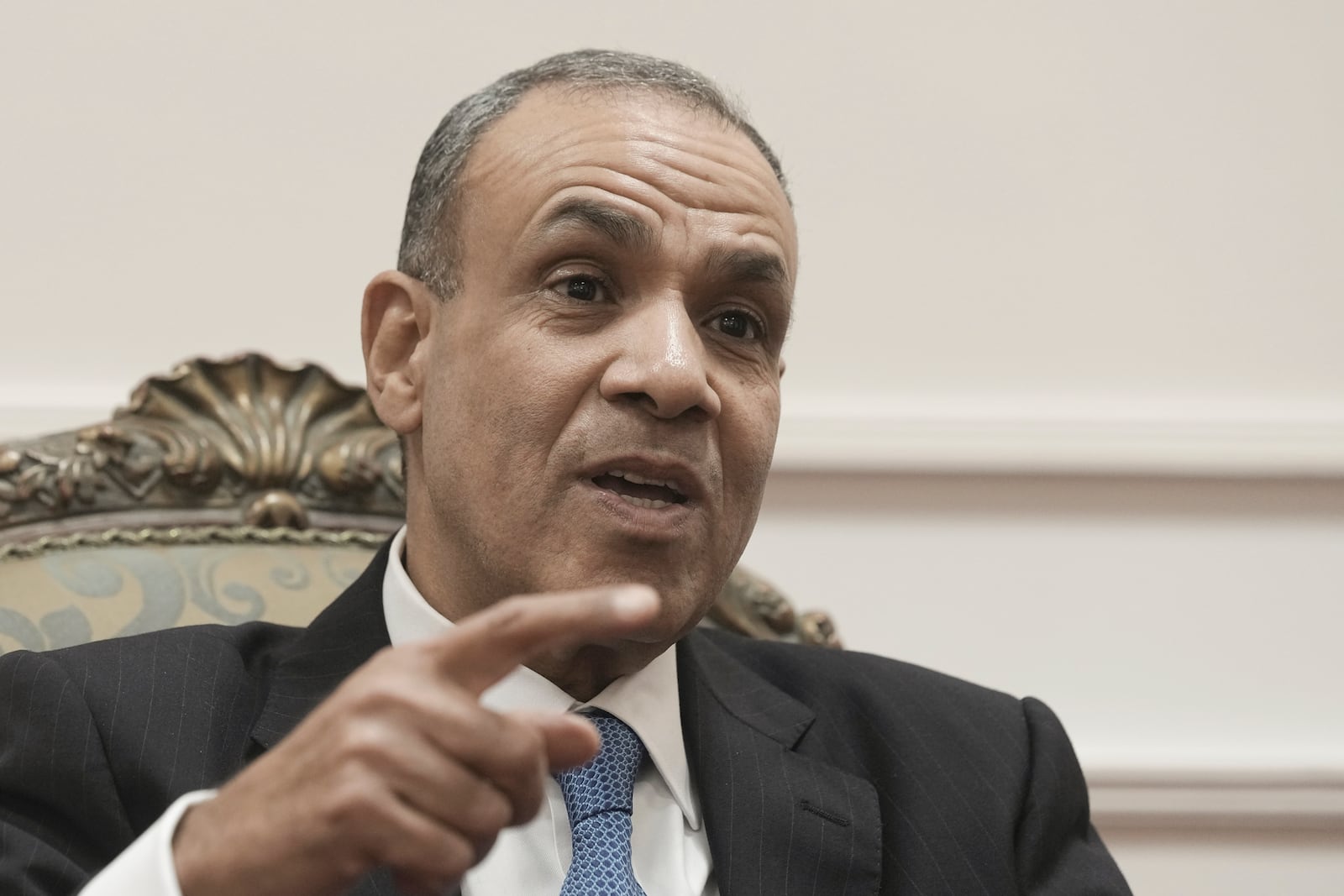 Egyptian Foreign Minister Badr Abdelatty, speaks during an interview with The Associated Press at the foreign ministry headquarters in Egypt's New Administrative Capital, Thursday, Jan. 16, 2025. (AP Photo/Amr Nabil)