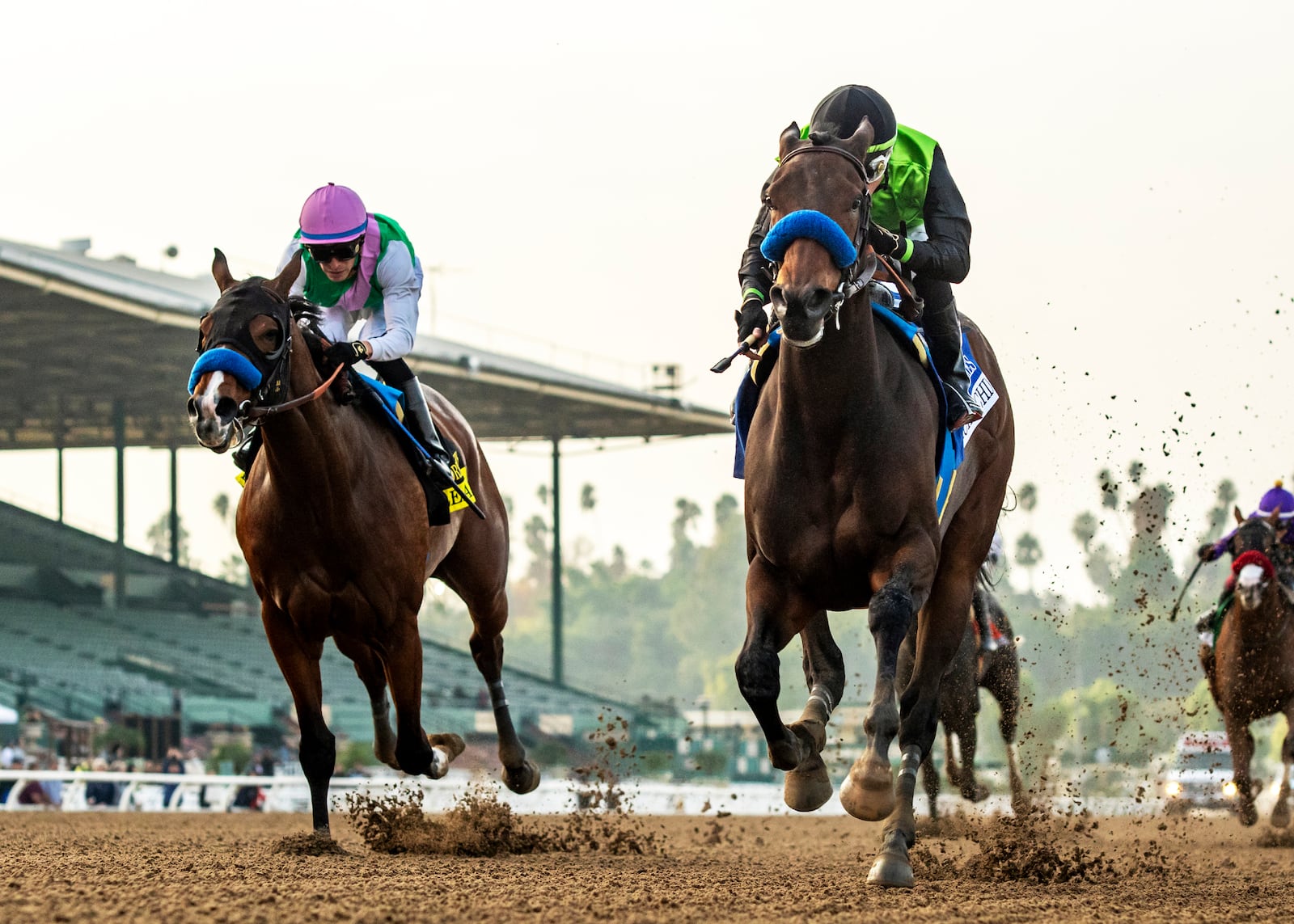 Richi and jockey Kazushi Kimura, right, win the Grade III $100,000 Las Flores Stakes horse race,, Saturday, Jan. 4, 2025, at Santa Anita Park in Arcadia, Calif. (Benoit Photo via AP)