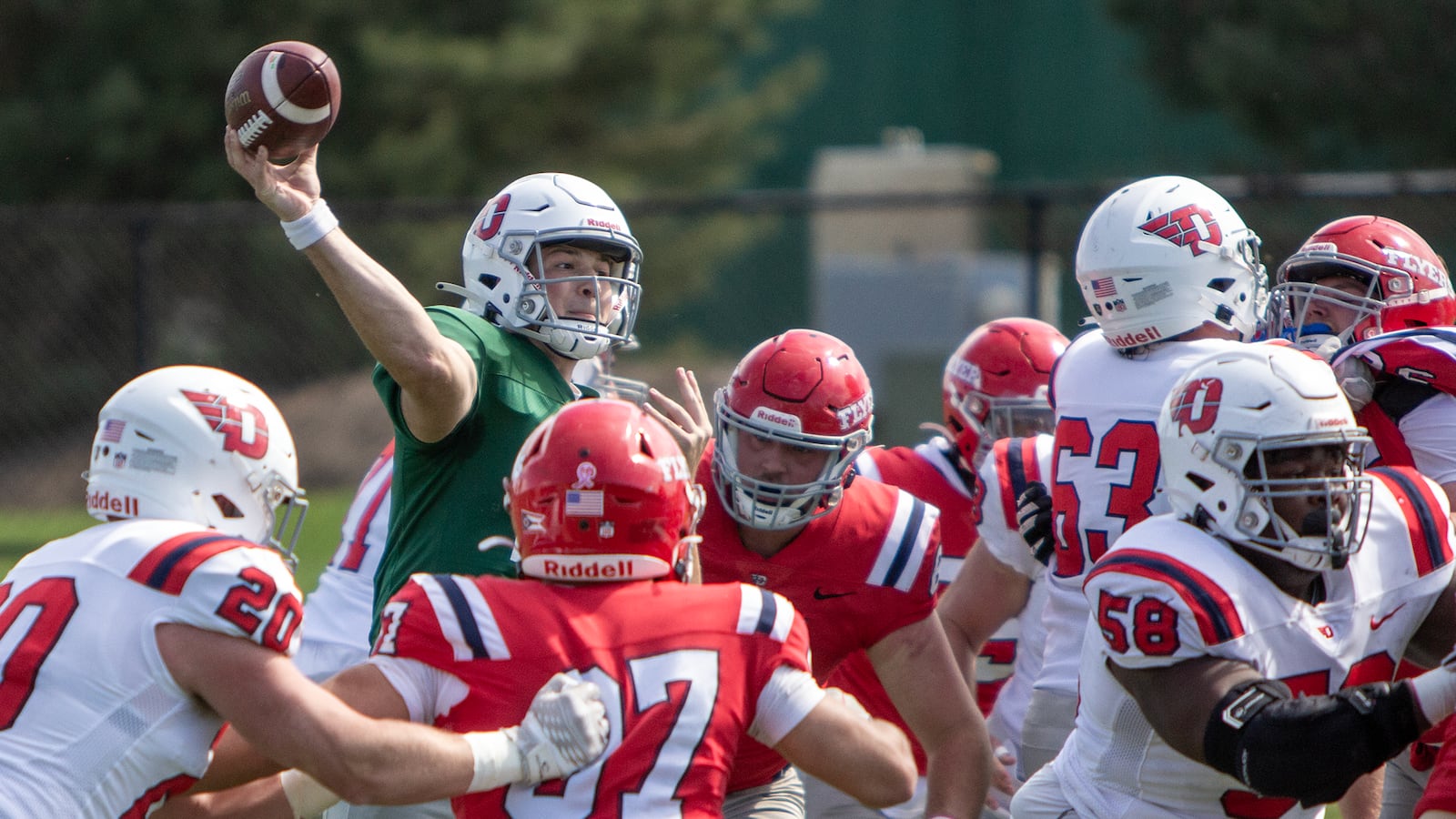 Dayton quarterback Drew VanVleet throws from the pocket during Sunday's annual spring game. Jeff Gilbert/CONTRIBUTED