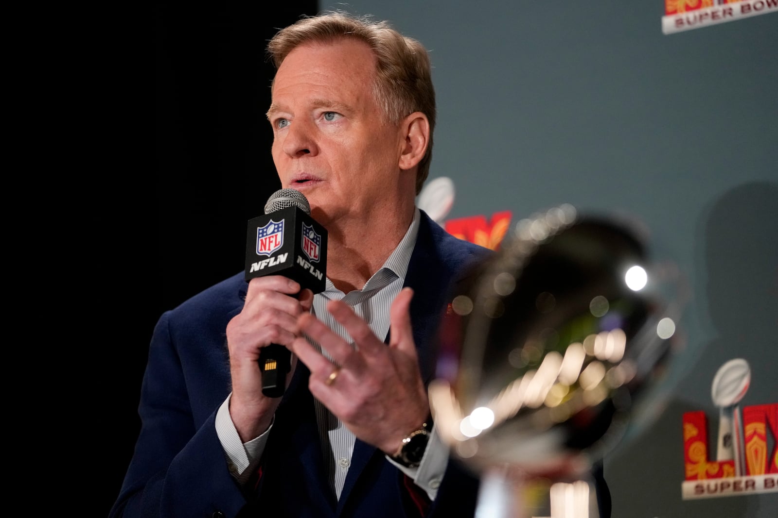 NFL Commissioner Roger Goodell speaks during a news conference Monday, Feb. 3, 2025, in New Orleans ahead of the NFL Super Bowl 59 football game between the Philadelphia Eagles and the Kansas City Chiefs. (AP Photo/Matt York)