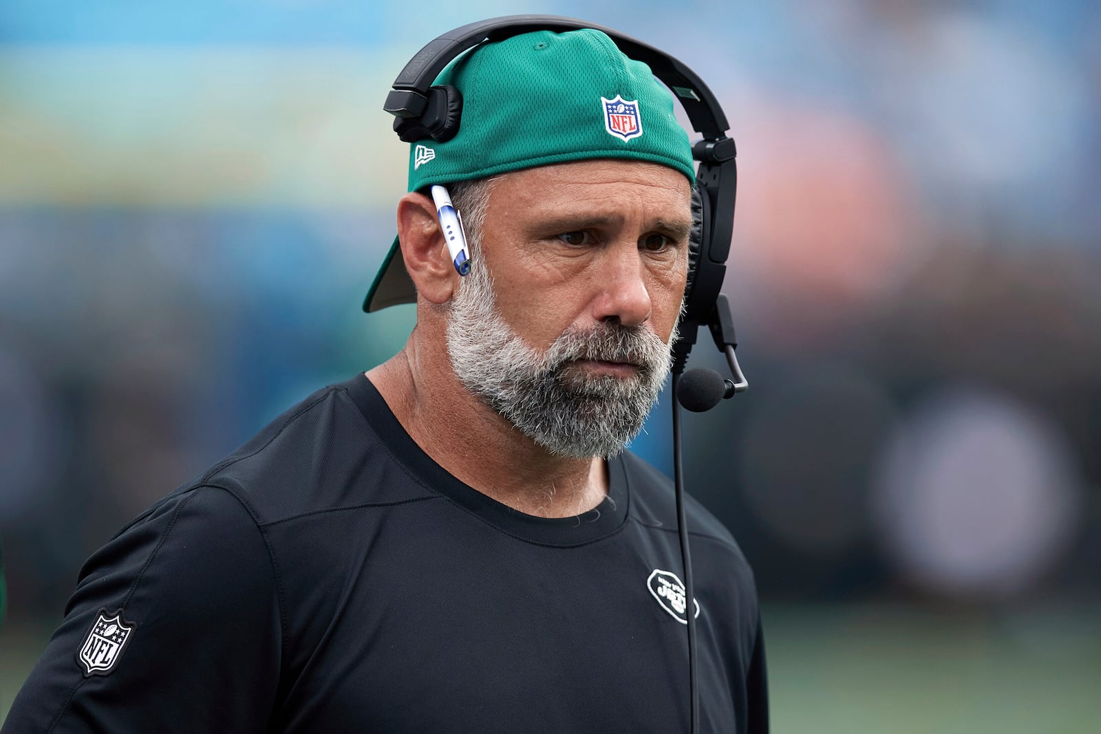 FILE - New York Jets defensive coordinator Jeff Ulbrich walks the sideline during an NFL preseason football game against the Carolina Panthers, Saturday, Aug. 12, 2023, in Charlotte, N.C. (AP Photo/Brian Westerholt, File)