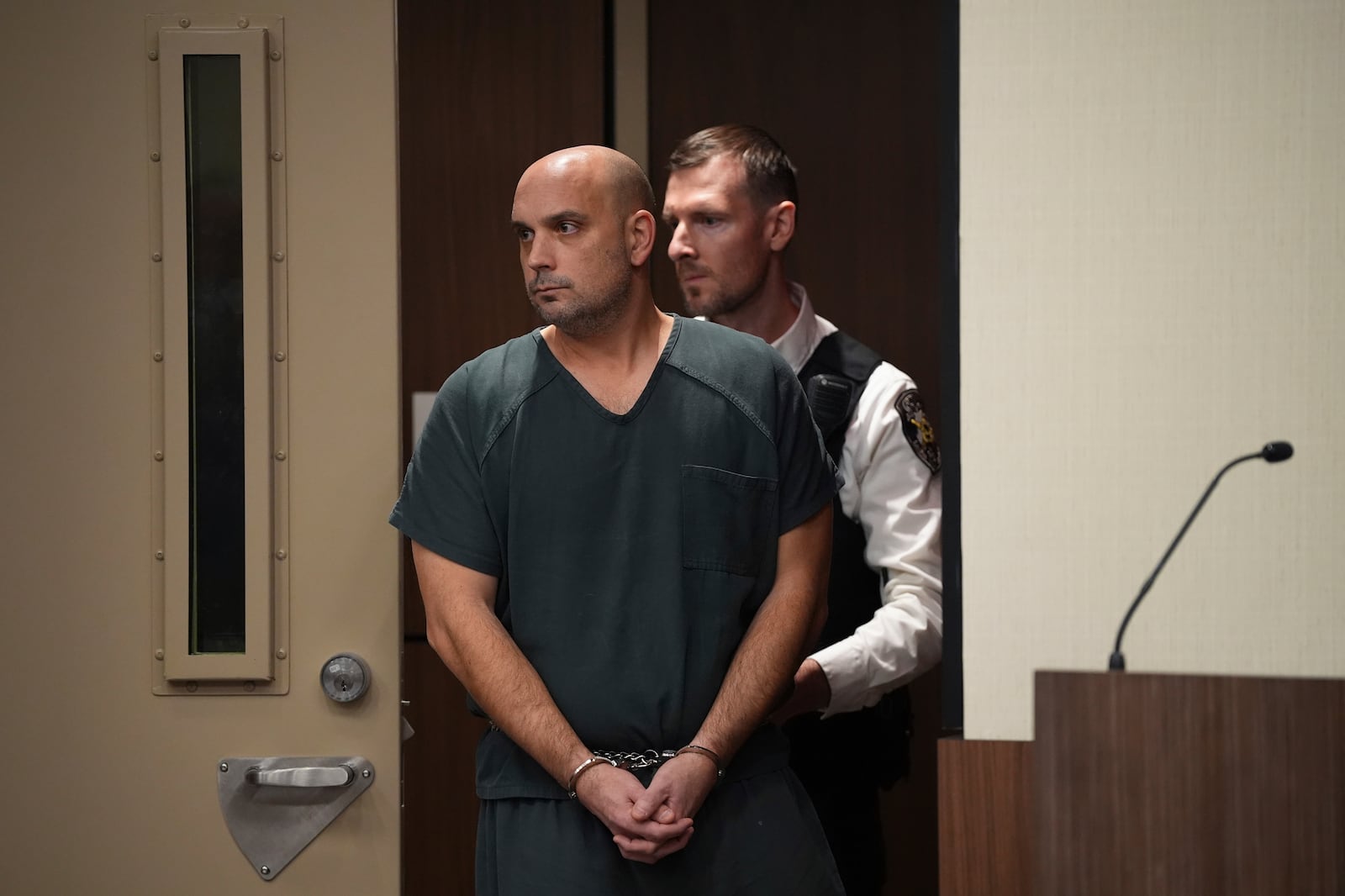 Sean M. Higgins, the driver charged with killing NHL hockey player Johnny Gaudreau and his brother Matthew as they bicycled on a rural road, appears at the Salem County, N.J., Courthouse, Tuesday, Nov. 12, 2024, in Salem, N.J. (AP Photo/Matt Slocum)