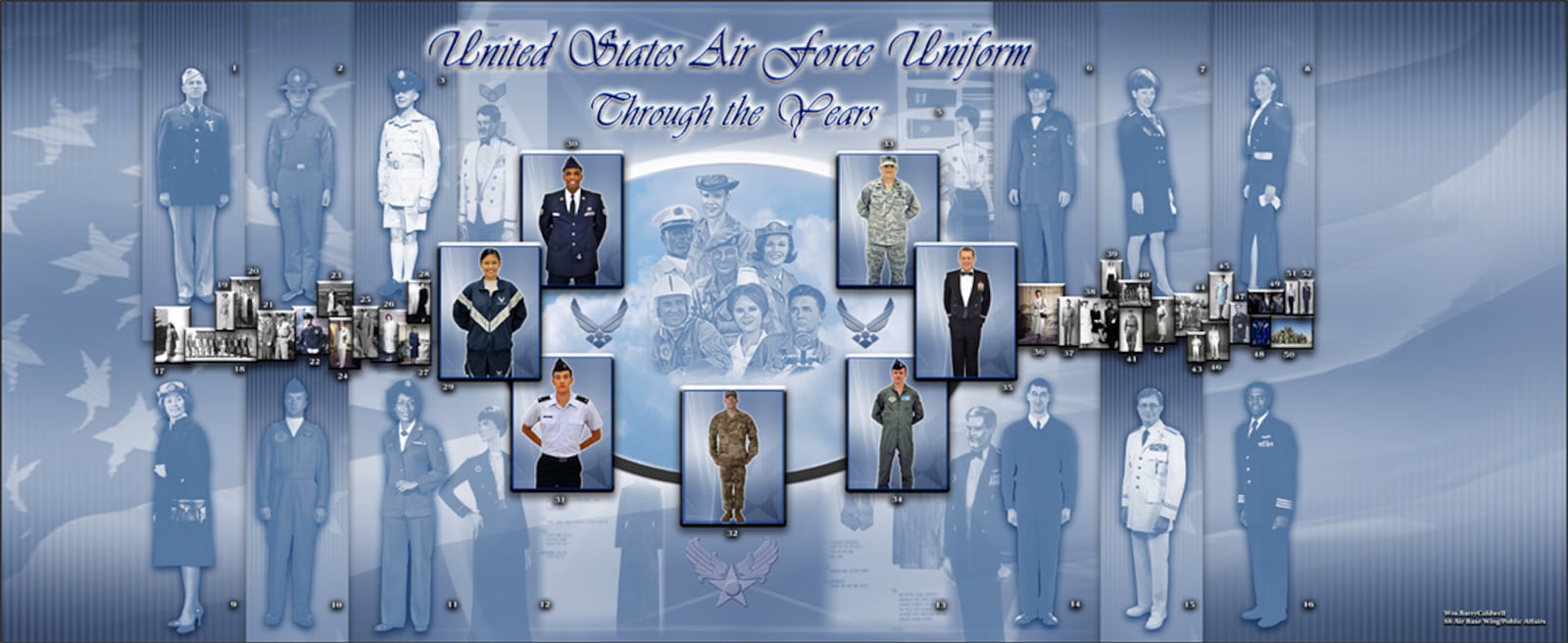 The interactive uniform exhibit at Air Force Materiel Command Headquarters, Bldg. 262 on Wright-Patterson Air Force Base, is on the first floor, north hallway. It showcases images of uniforms from the 1940s to present day. U.S. AIR FORCE PHOTO