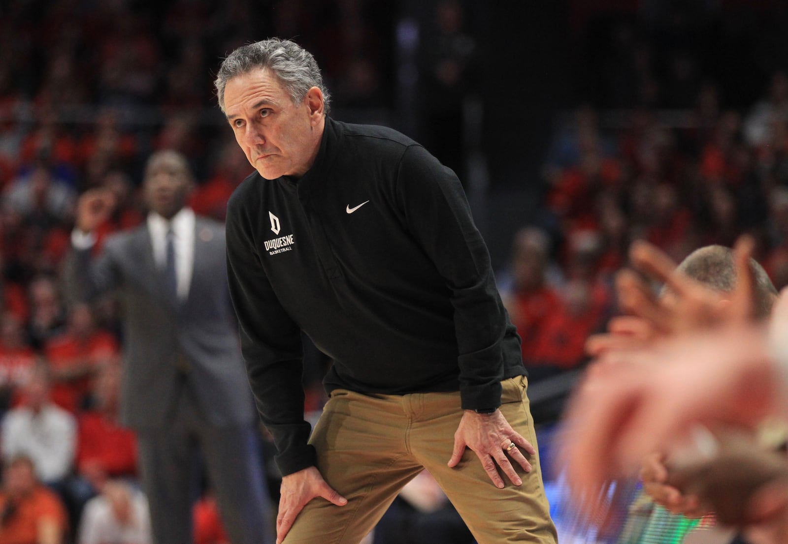 Duquesne's Keith Dambrot coaches during a game against Dayton on Saturday, Feb. 23, 2020, at UD Arena. David Jablonski/Staff