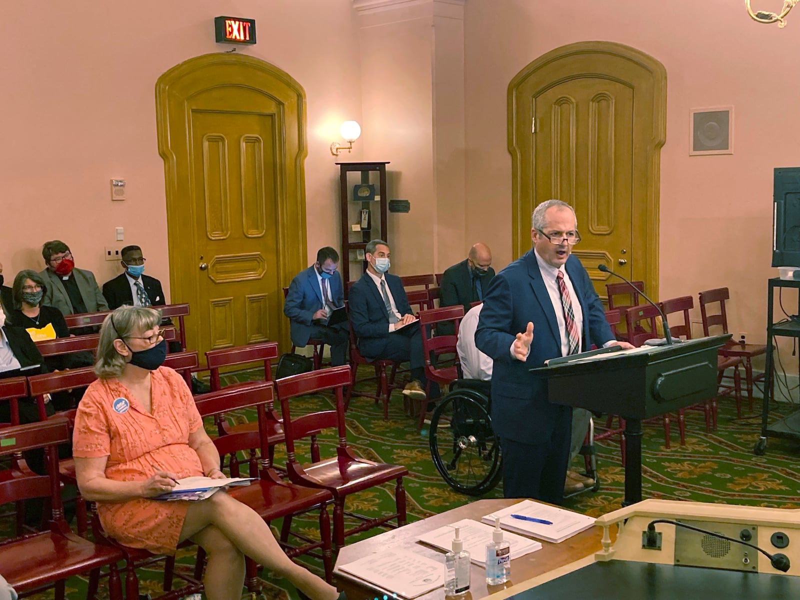 In this Sept. 23, 2021 photo, Tim Young, Ohio's State Public Defender, testifies at the Ohio Statehouse in Columbus in favor of a bill that would abolish capital punishment in Ohio. Young also pushed for a measure that became law earlier this year, and which prohibits inmates from being executed if they suffered from a serious mental illness at the time of their crime, including schizophrenia, or bipolar disorder. (AP Photo/Andrew Welsh-Huggins)