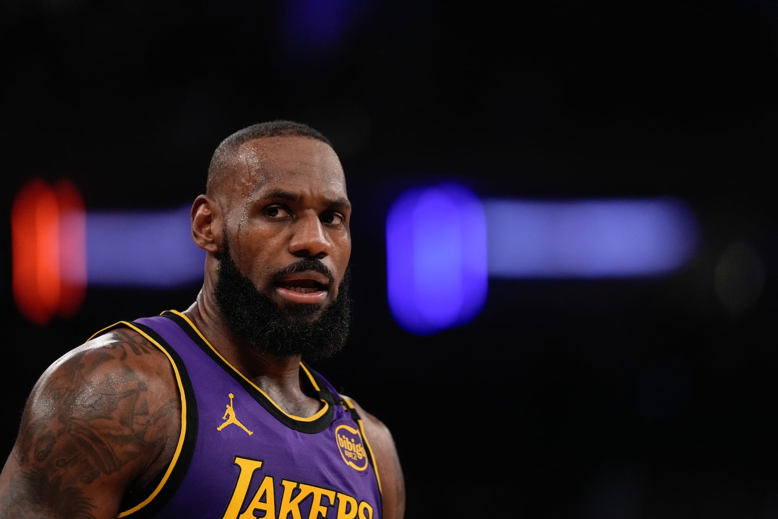 Los Angeles Lakers' LeBron James (23) argues a call during the first half of an NBA basketball game against the New York Knicks Saturday, Feb. 1, 2025, in New York. (AP Photo/Frank Franklin II)