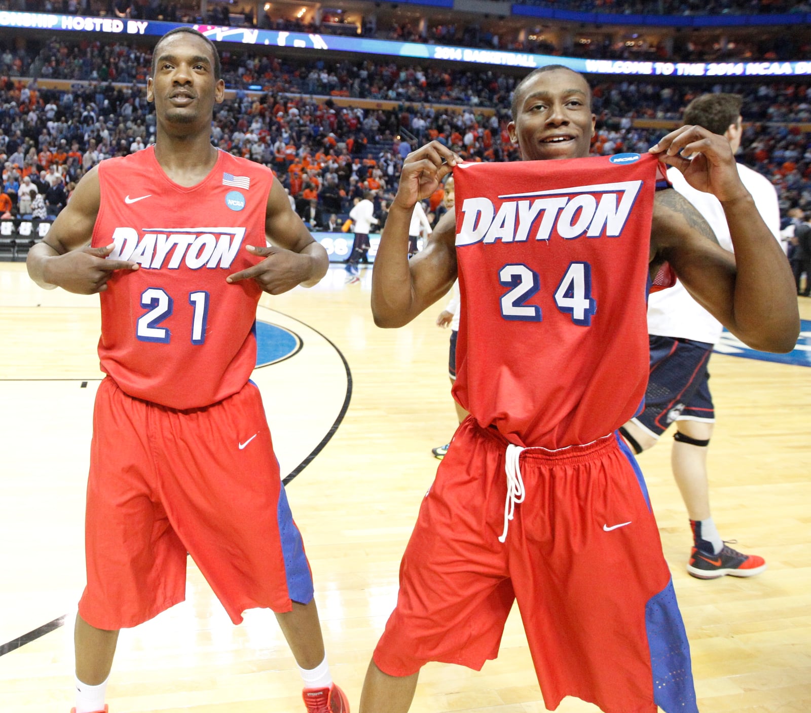 Dyshawn Pierre, left, and Jordan Sibert celebrate after Dayton’s win over Syracuse in the third round of the NCAA tournament in March in Buffalo, N.Y. David Jablonski/Staff