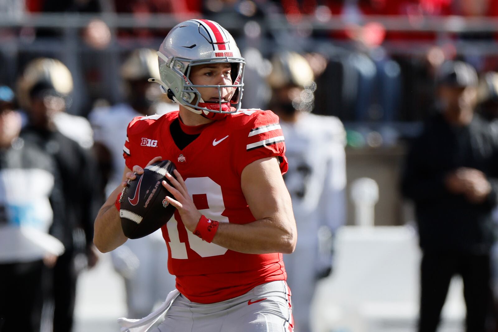 Ohio State quarterback Will Howard drops back to pass against Purdue during the first half of an NCAA college football game Saturday, Nov. 9, 2024, in Columbus, Ohio. (AP Photo/Jay LaPrete)