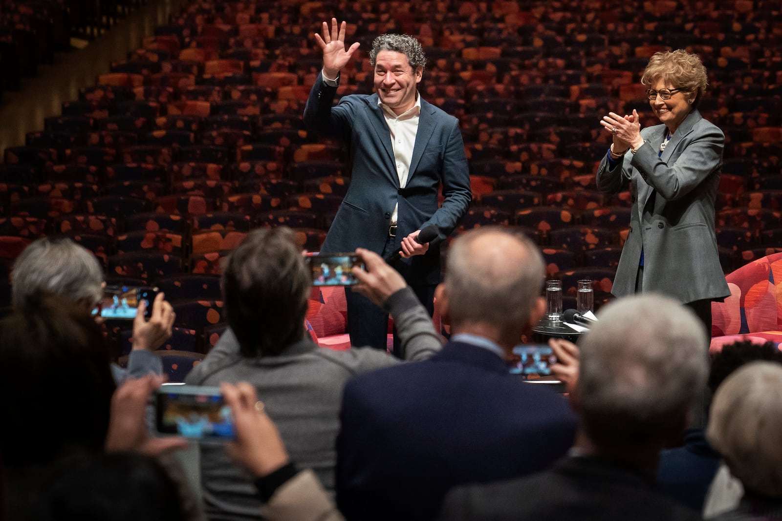 FILE - Gustavo Dudamel is introduced as the New York Philharmonic's 27th music and artistic director, Monday, Feb. 20, 2023, in the newly renovated David Geffen Hall at Lincoln Center for the Performing Arts in New York. (AP Photo/John Minchillo, File)