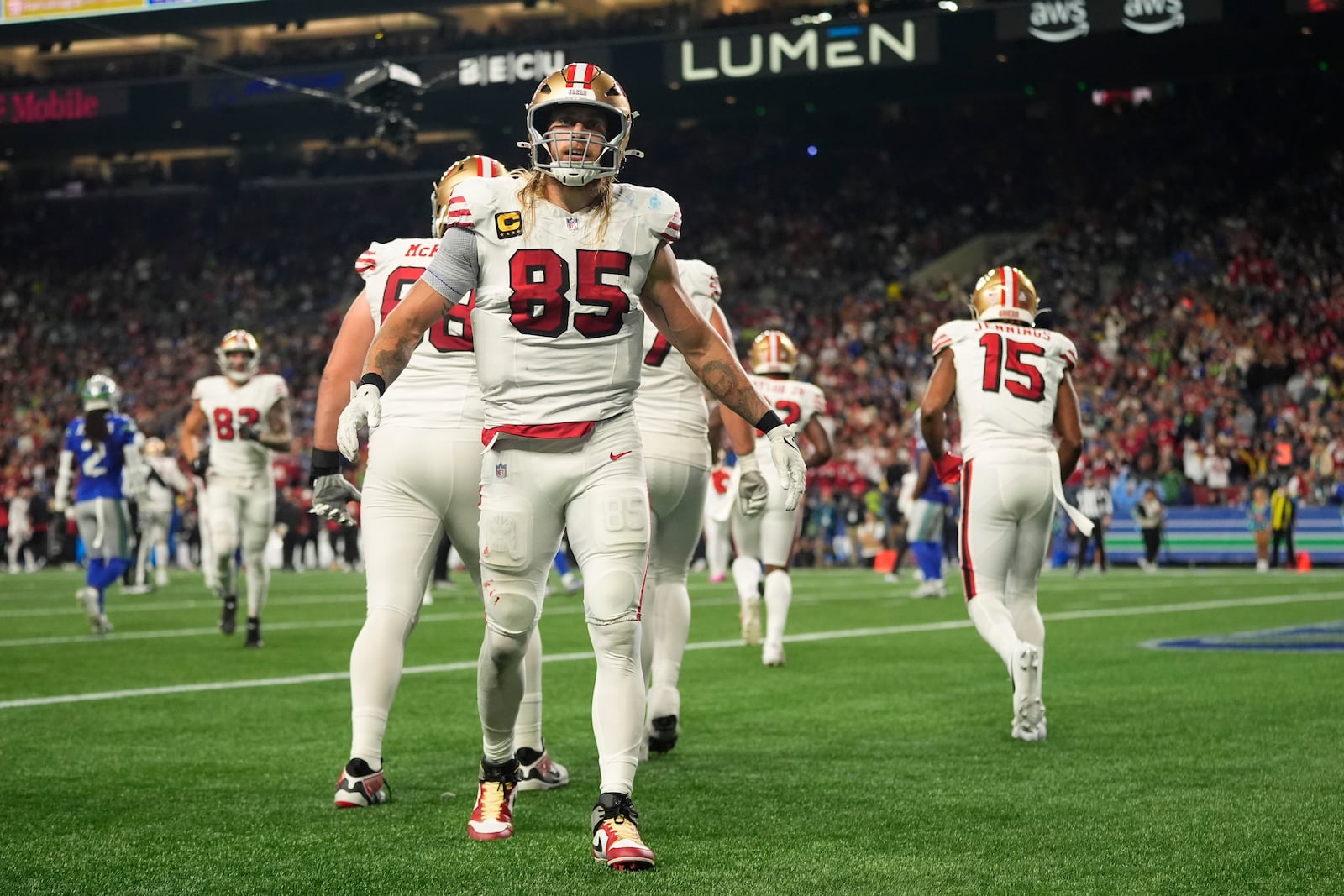 San Francisco 49ers' George Kittle (85) reacts after a touchdown against the Seattle Seahawks, Thursday, Oct. 10, 2024, in Seattle. (AP Photo/Lindsey Wasson)