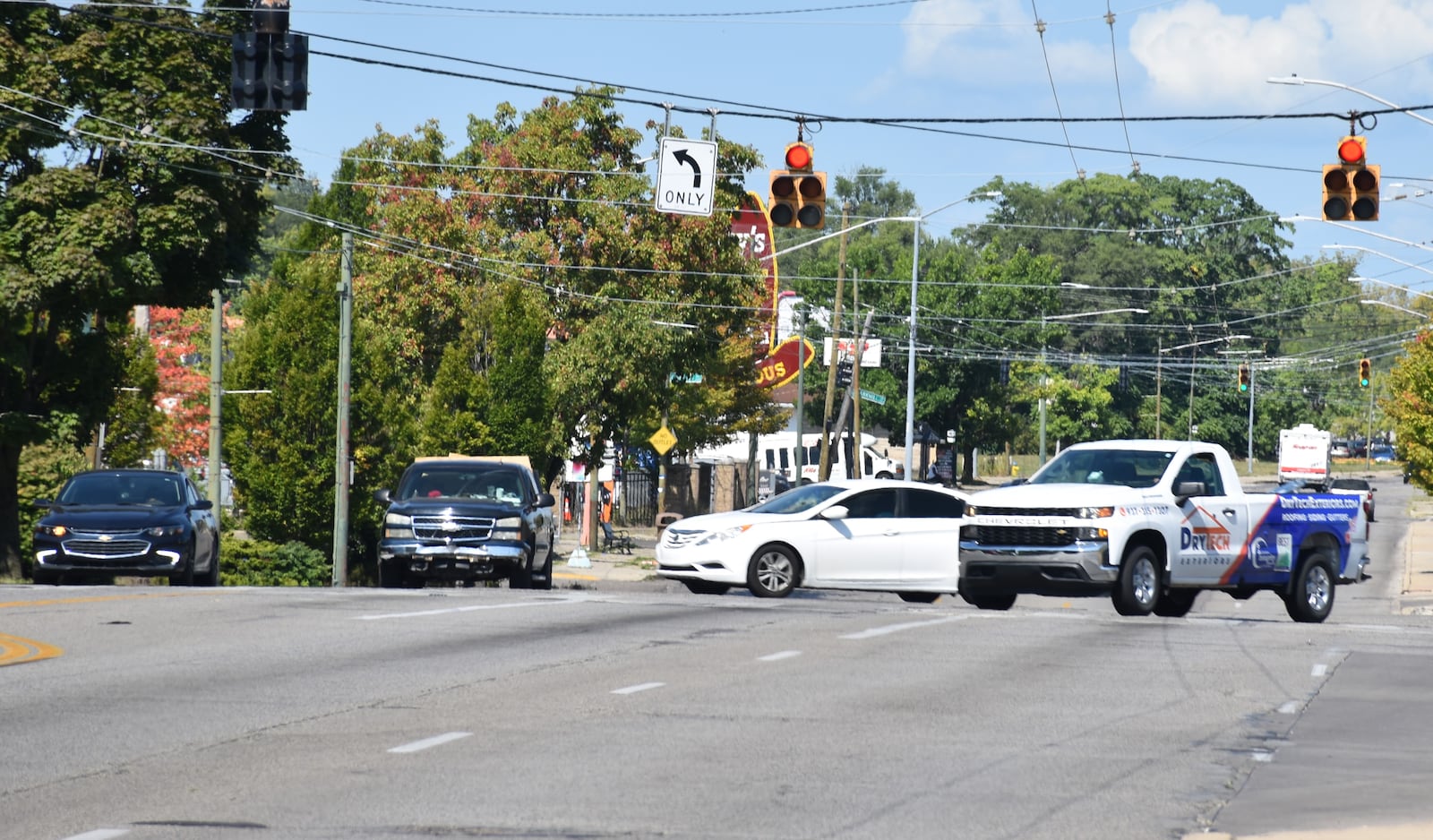 The Salem Avenue and Philadelphia Drive intersection in northwest Dayton. The intersection currently has four to seven lanes of traffic at the pedestrian crossings. CORNELIUS FROLIK / STAFF