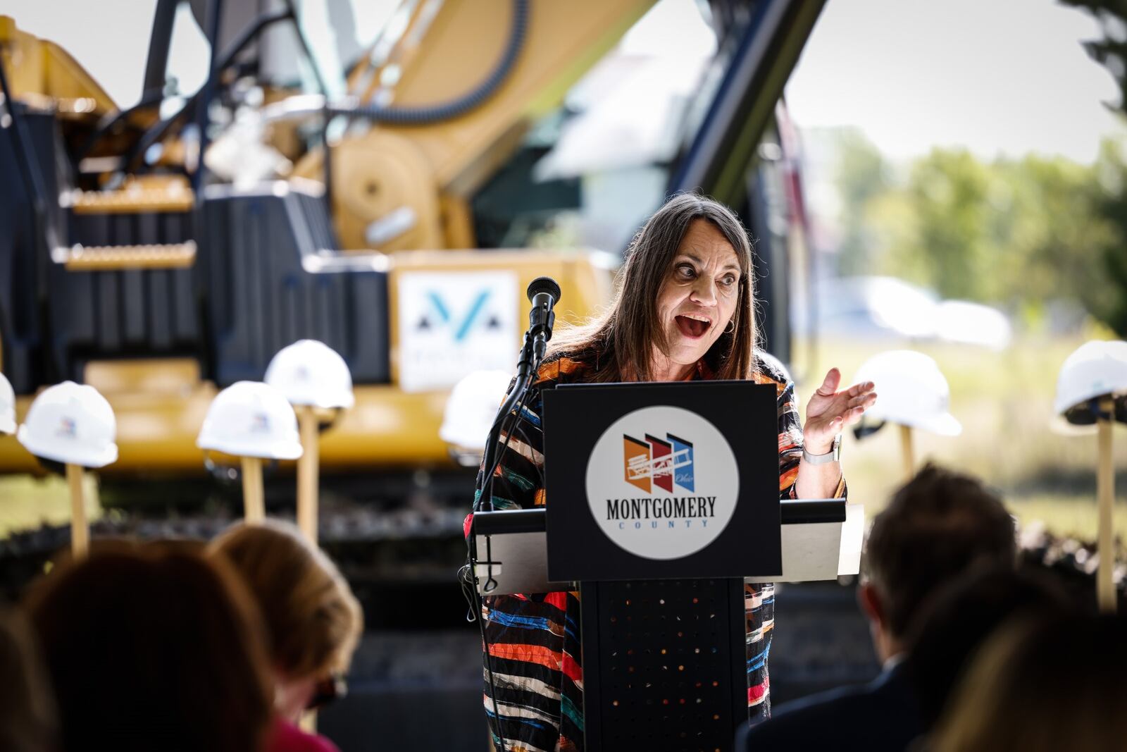 Montgomery County Commissioner Carolyn Rice speaks to the crowd during the groundbreaking ceremony of a new Montgomery County municipal court western division building in Trotwood Friday August 27, 2021. JIM NOELKER/STAFF