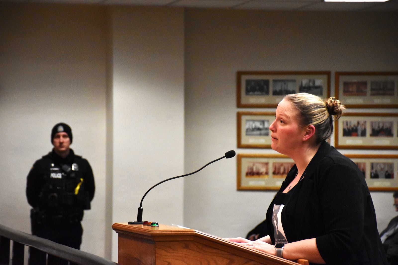 Kathleen Kersh, senior attorney and project director with Advocates for Basic Legal Equality, urges the city to appoint a member of the Dayton Tenant Union on a new housing policy steering committee during a city commission meeting on Jan. 31, 2024. CORNELIUS FROLIK / STAFF