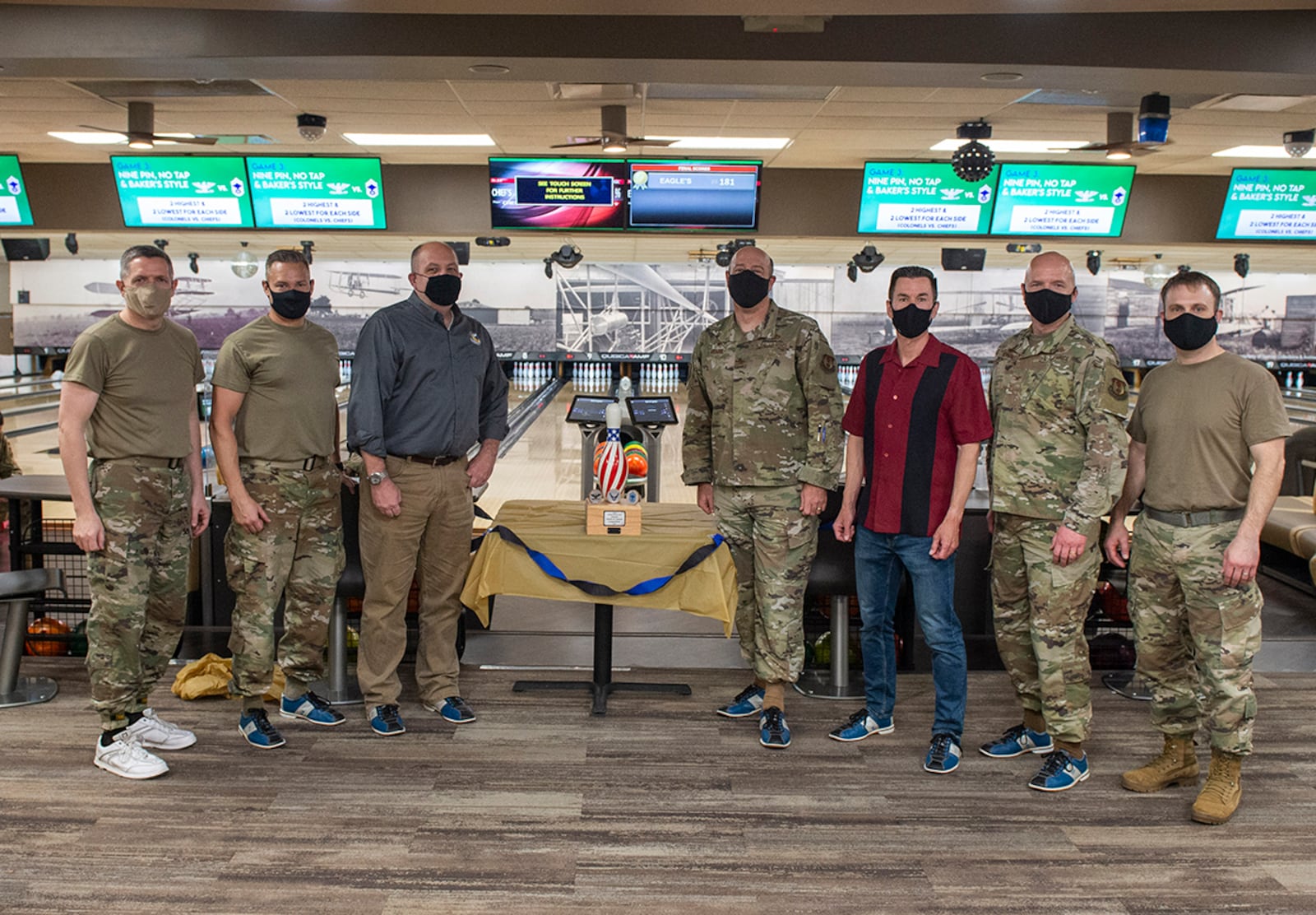 Colonels from around Wright-Patterson Air Force Base pose with their trophy April 9 after winning the Eagles vs. Chiefs Bowling Challenge at Kittyhawk Lanes on Wright-Patterson Air Force Base. U.S. AIR FORCE PHOTO/FARNSWORTH