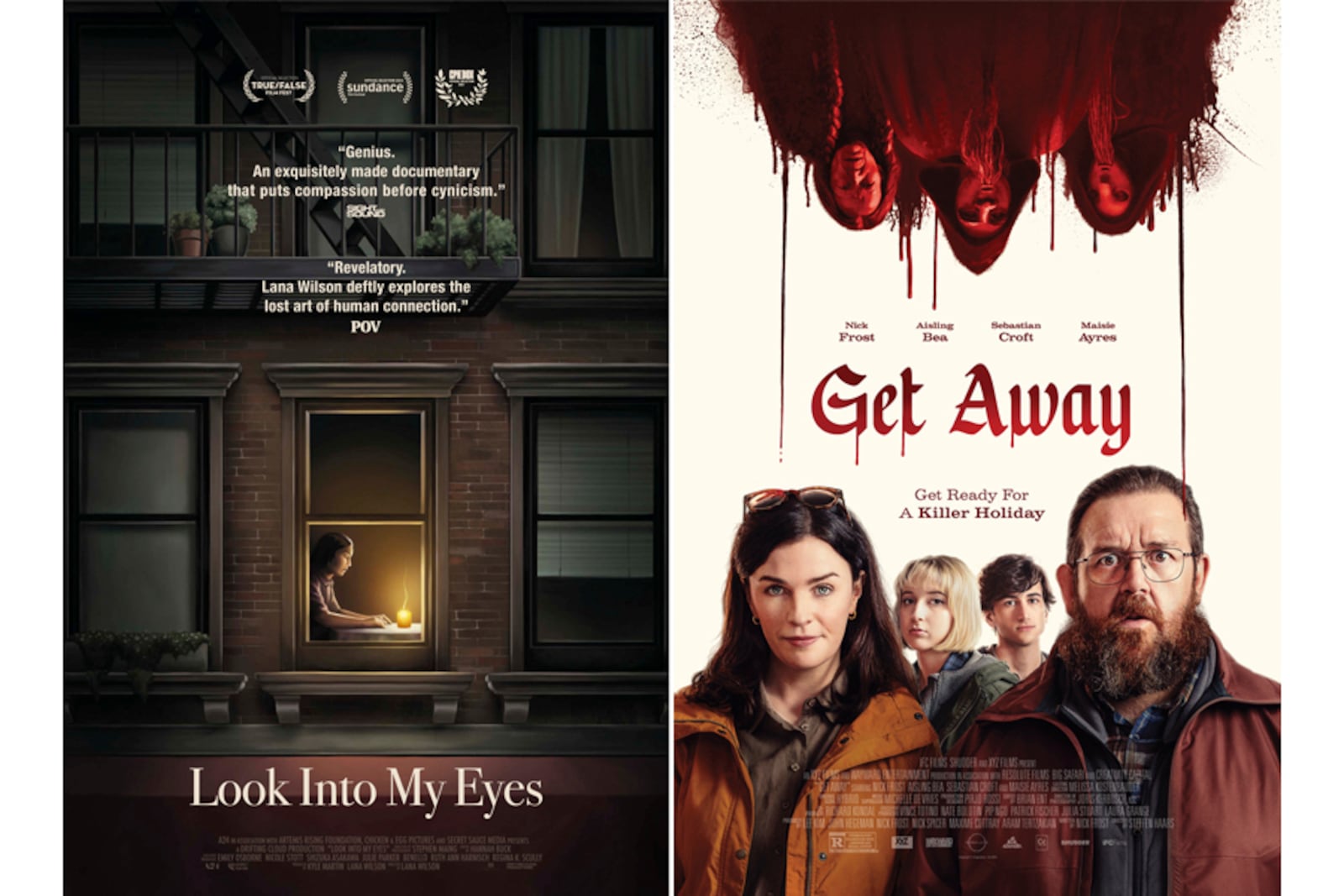 This combination of images shows promotional art for "Look Into My Eyes", left, and "Get Away". (Max/Shudder via AP)