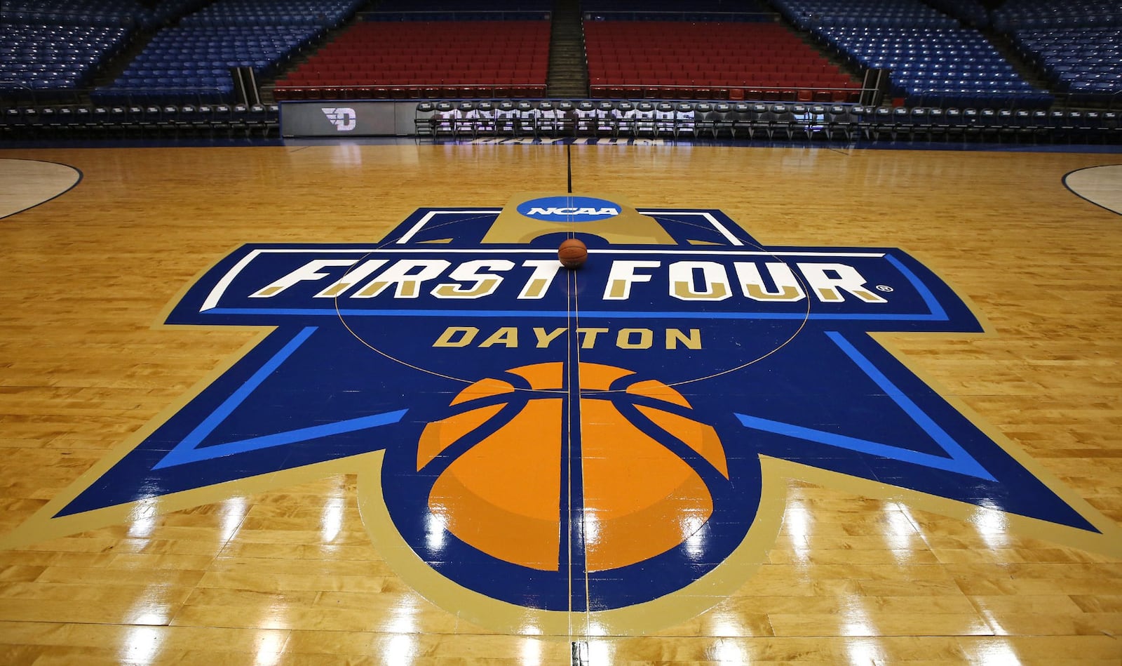 The floor, backbooards and hoops are ready for the NCAA First Four games a UD Arena. Team practices start on Monday for the first game on Tuesday at 6:30. TY GREENLEES / STAFF