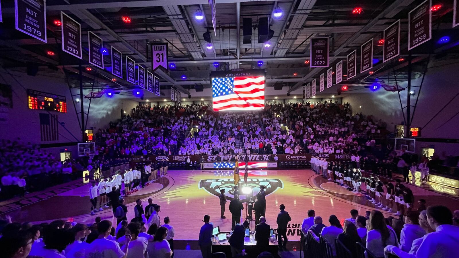 Dayton and St. Bonaventure stand for the national anthem on Saturday, Feb. 4, 2023, at the Reilly Center in St. Bonaventure, N.Y. David Jablonski/Staff