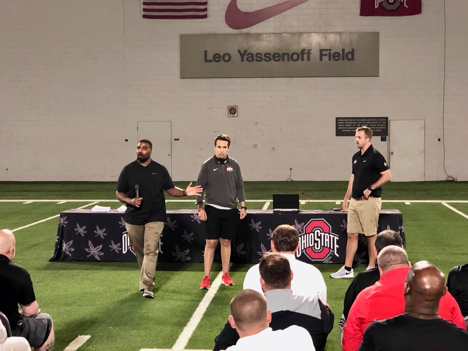 Ohio State hosted area coaches for a youth tackling clinic on May 21 at the Woody Hayes Athletic Center in Columbus.