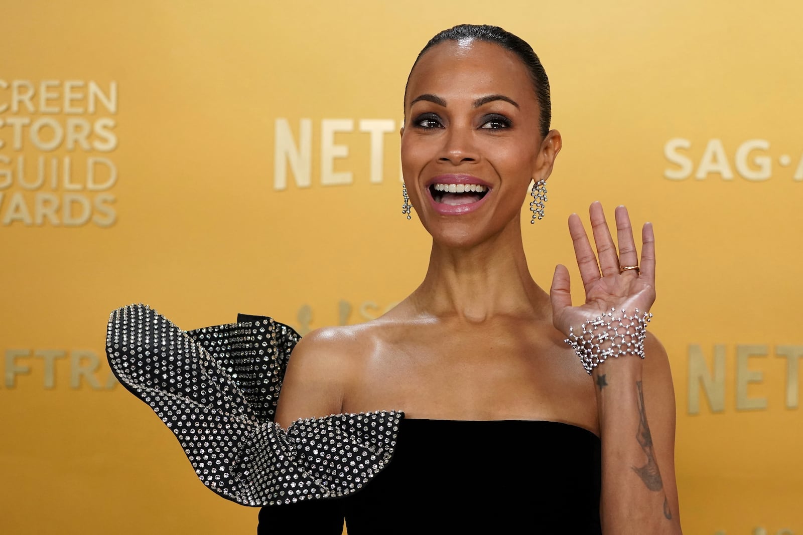 Zoe Saldana arrives at the 31st annual Screen Actors Guild Awards on Sunday, Feb. 23, 2025, at the Shrine Auditorium in Los Angeles. (Photo by Jordan Strauss/Invision/AP)