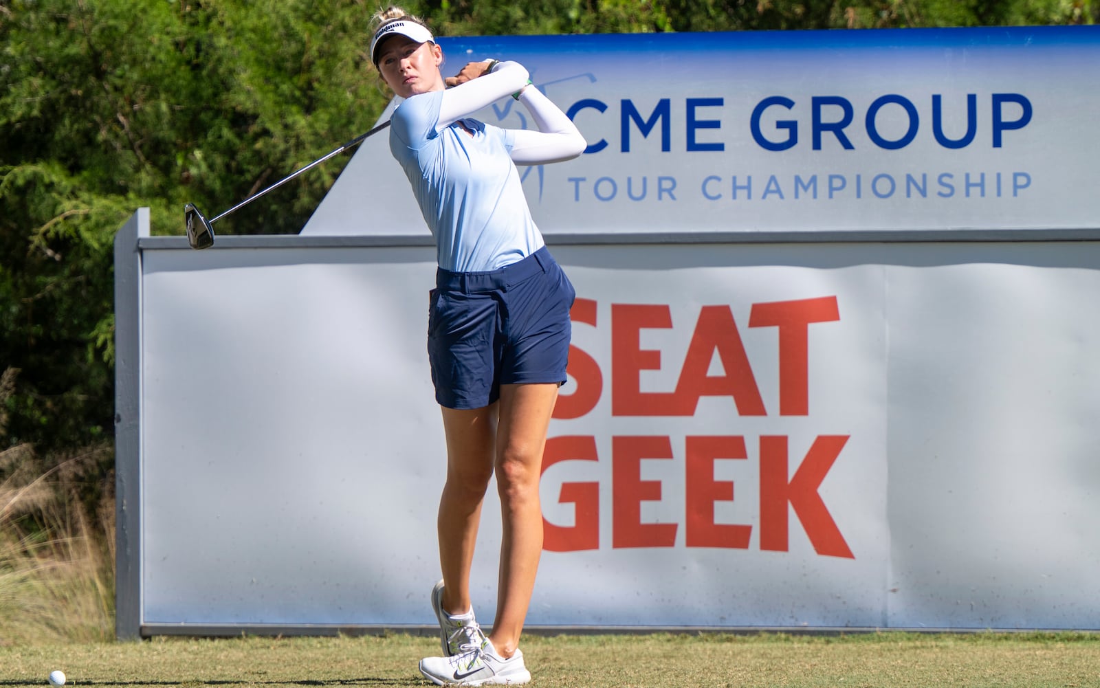 Nelly Korda tees of on the seventh hole during the final round of the LPGA CME Group Tour Championship golf tournament Sunday, Nov. 24, 2024, in Naples, Fla. (AP Photo/Chris Tilley)