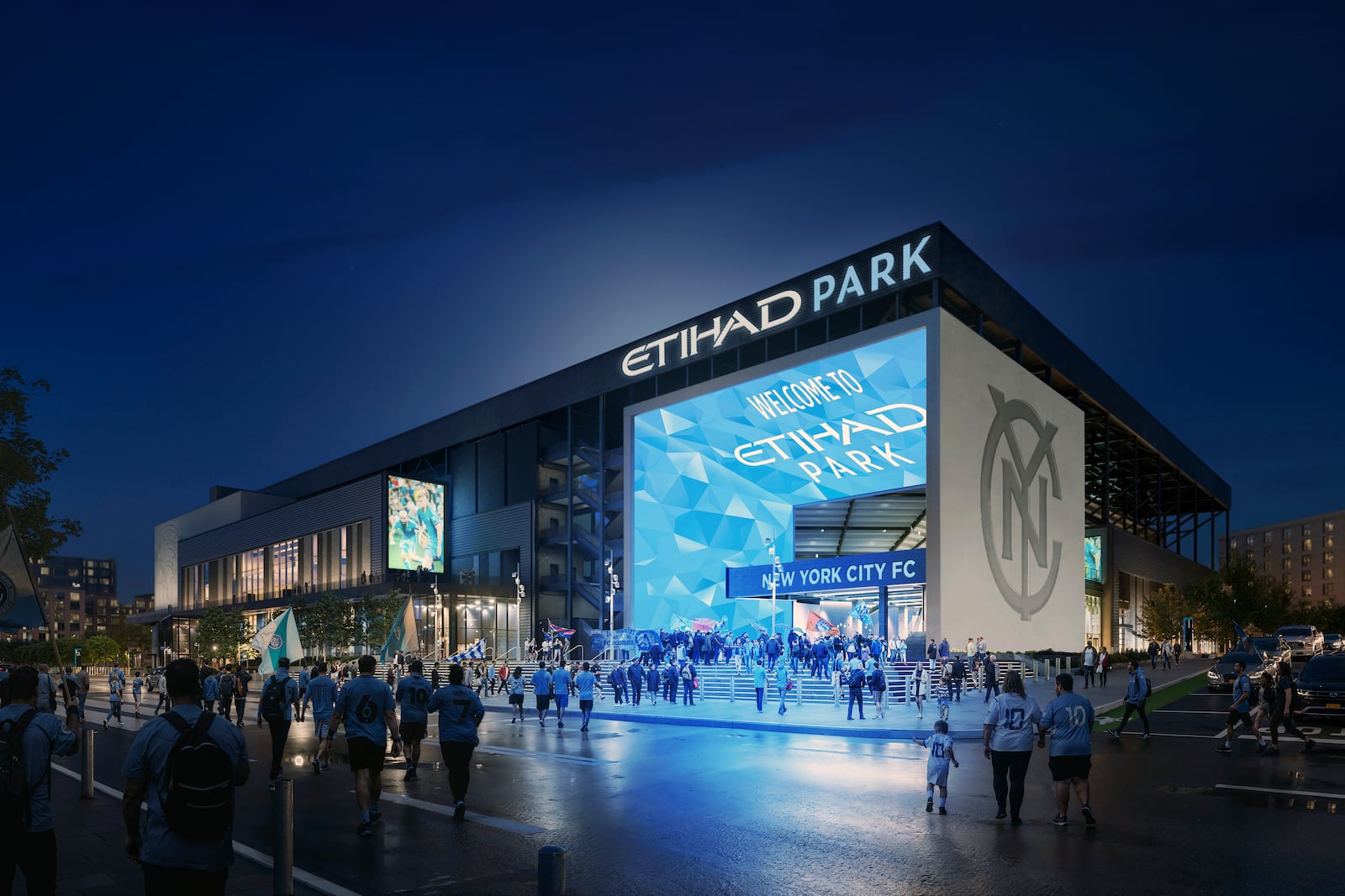 EMBARGOED UNTIL 9AM ET THURSDAY, NOV. 21 - This artists rendering provided by New York City FC shows the MLS soccer team's $780 million, 25,000-seat venue that it intends to open next to the Mets' Citi Field in New York in 2027. (HOK/NYCFC via AP)