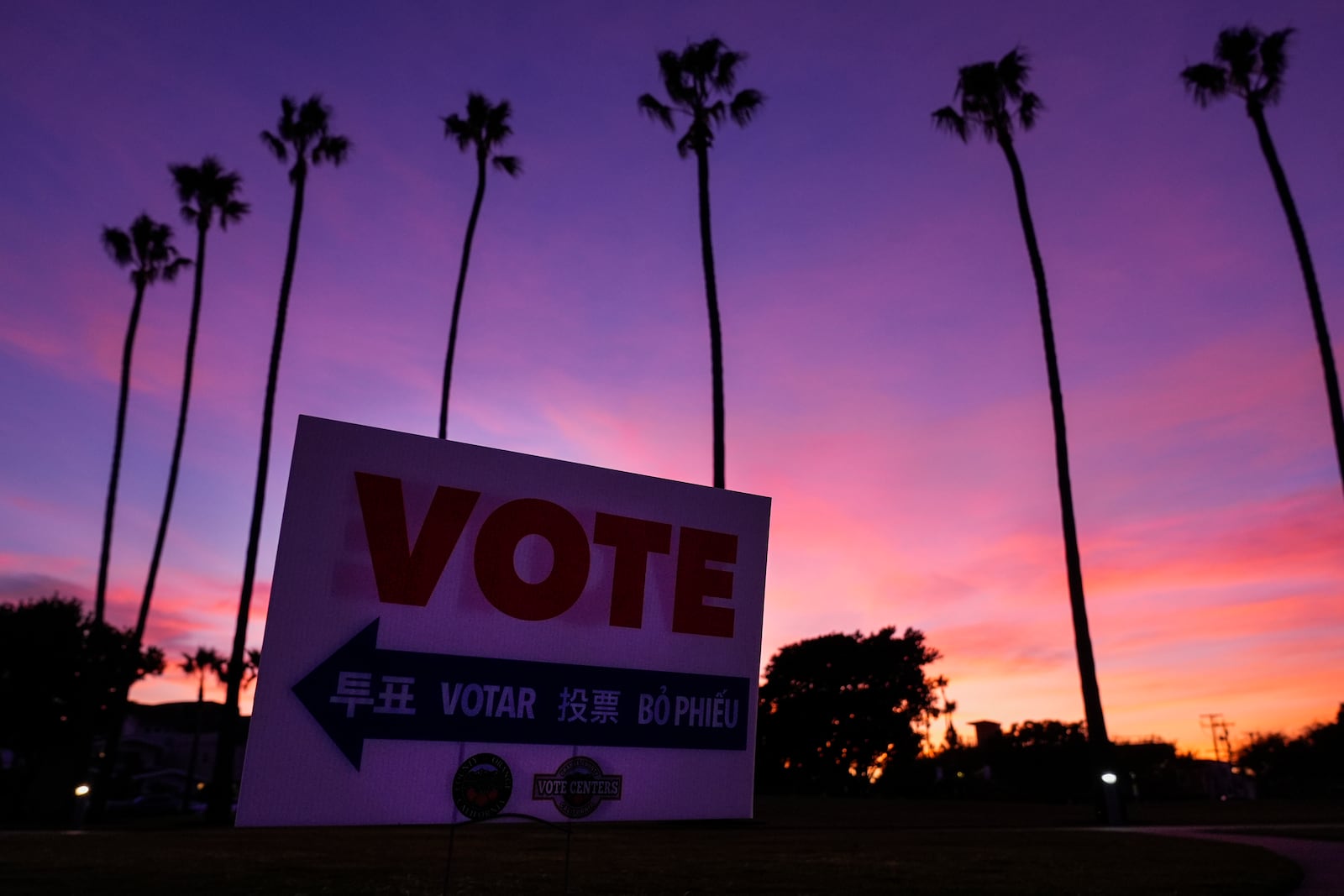 FILE - A sign directs the way to a polling place at Marina Park Community Center Nov. 5, 2024, in Newport Beach, Calif. (AP Photo/Ashley Landis, File)